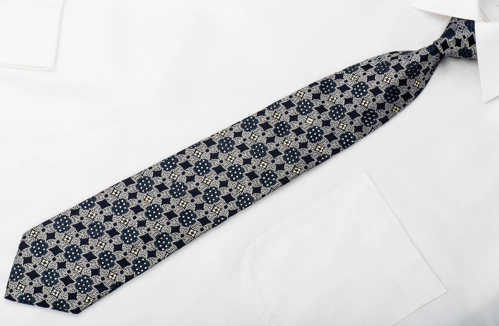 Rogers Dail Mens Rhinestone Necktie Silver Floral On Navy Silk - Image 3