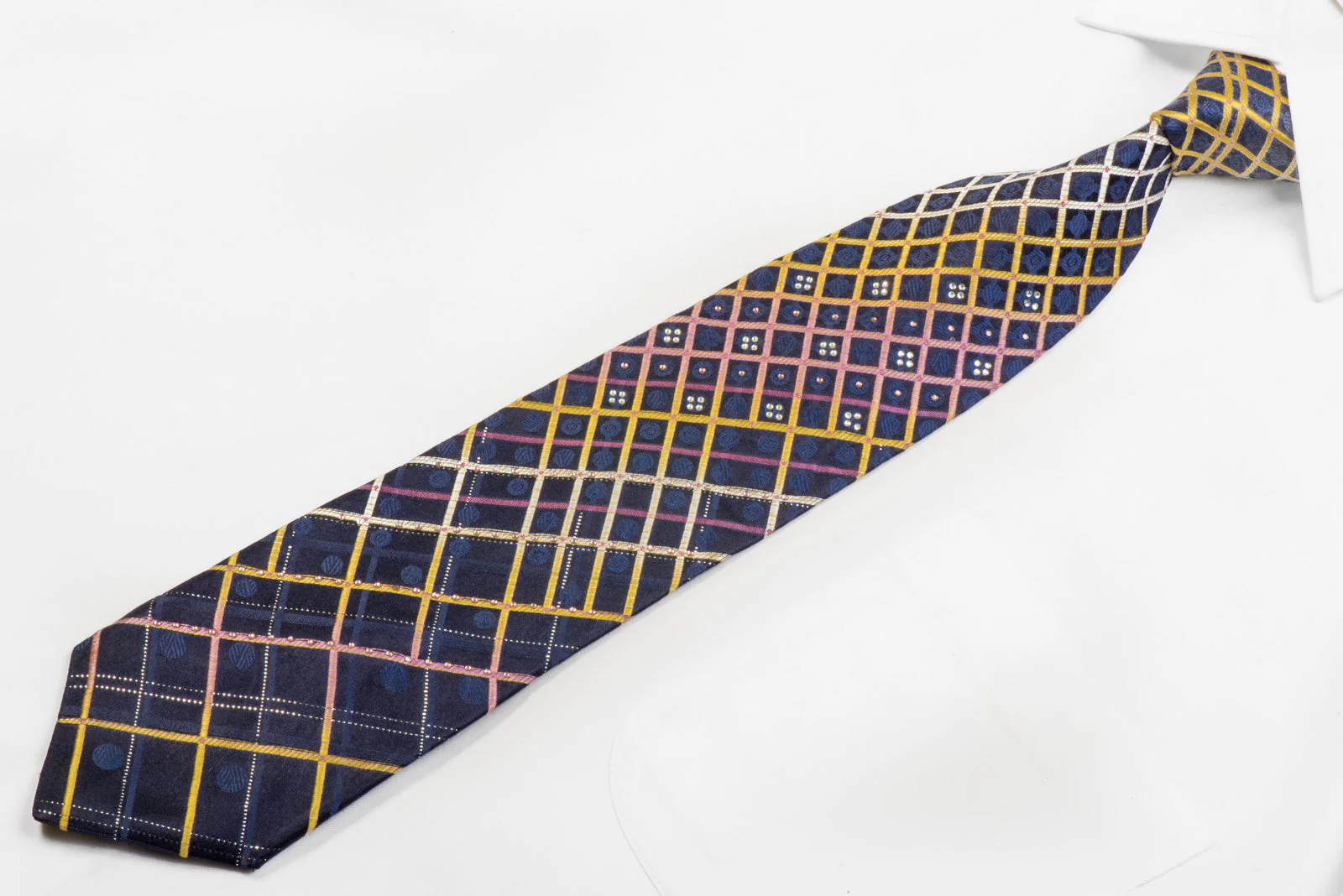 Rogers Dail Rhinestone Necktie Yellow Purple Striped On Navy With Sparkles - Image 3
