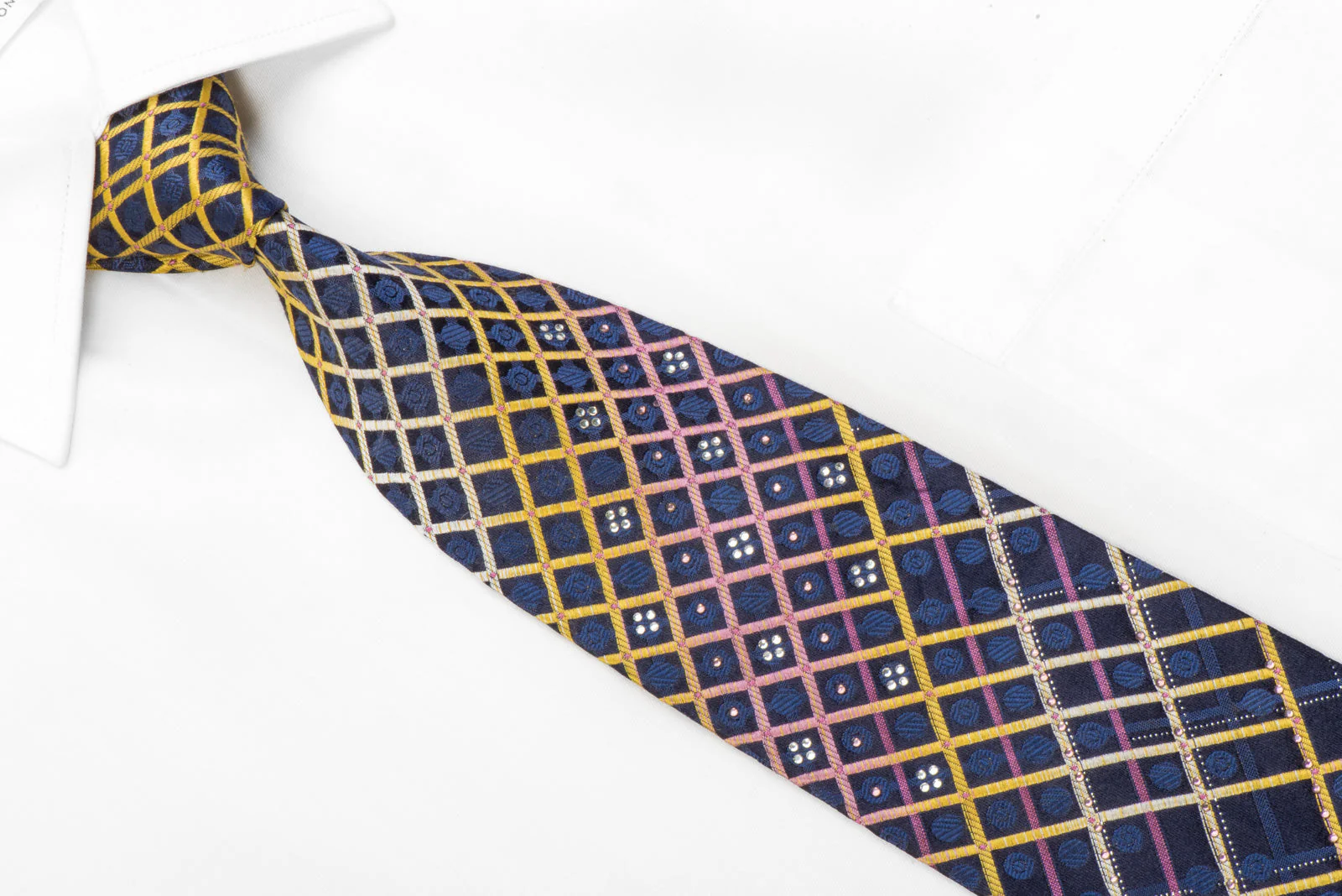 Rogers Dail Rhinestone Necktie Yellow Purple Striped On Navy With Sparkles - Image 4