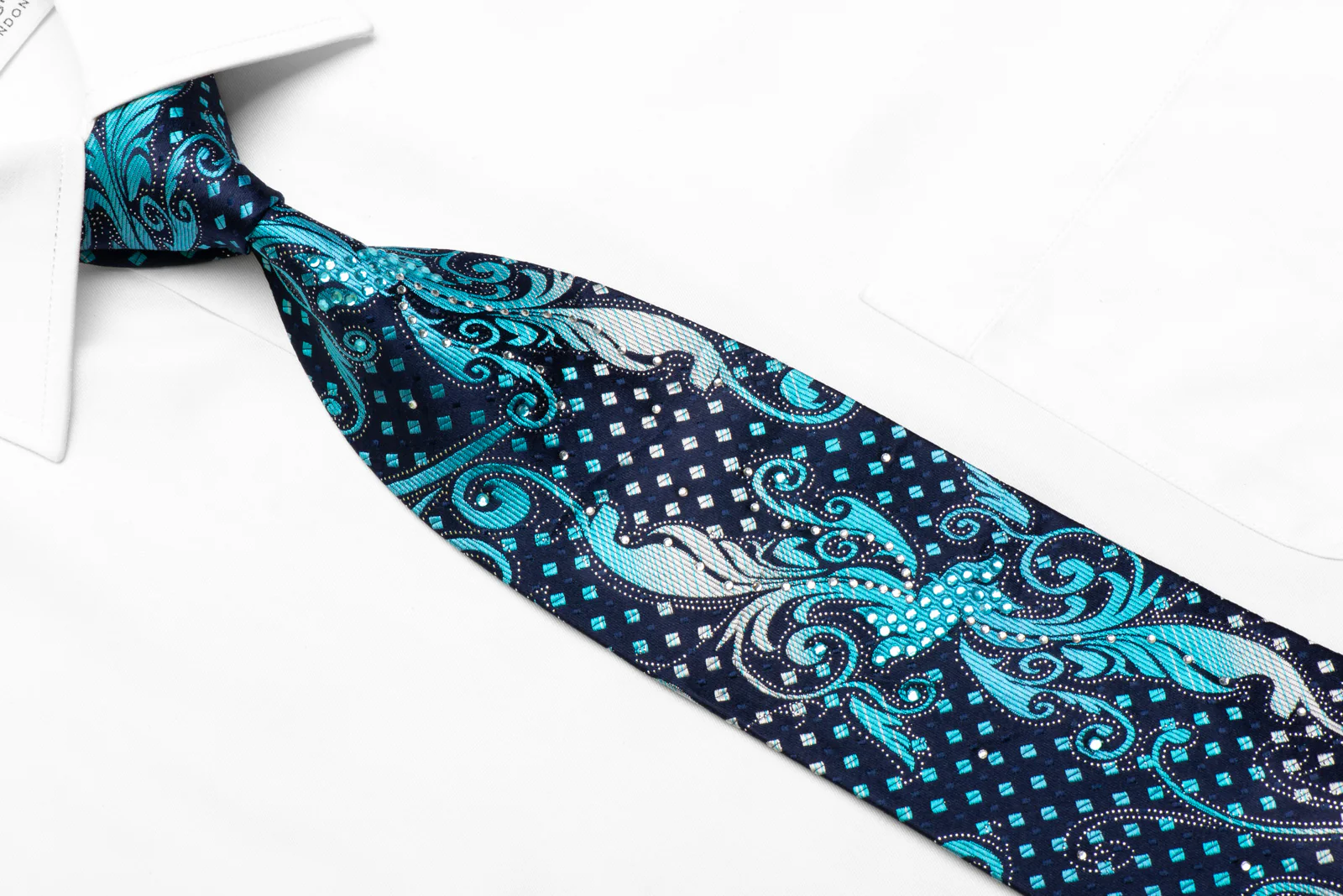 Rogers Dail Rhinestone Silk Necktie Blue Acanthus On Navy With Sparkles - Image 2