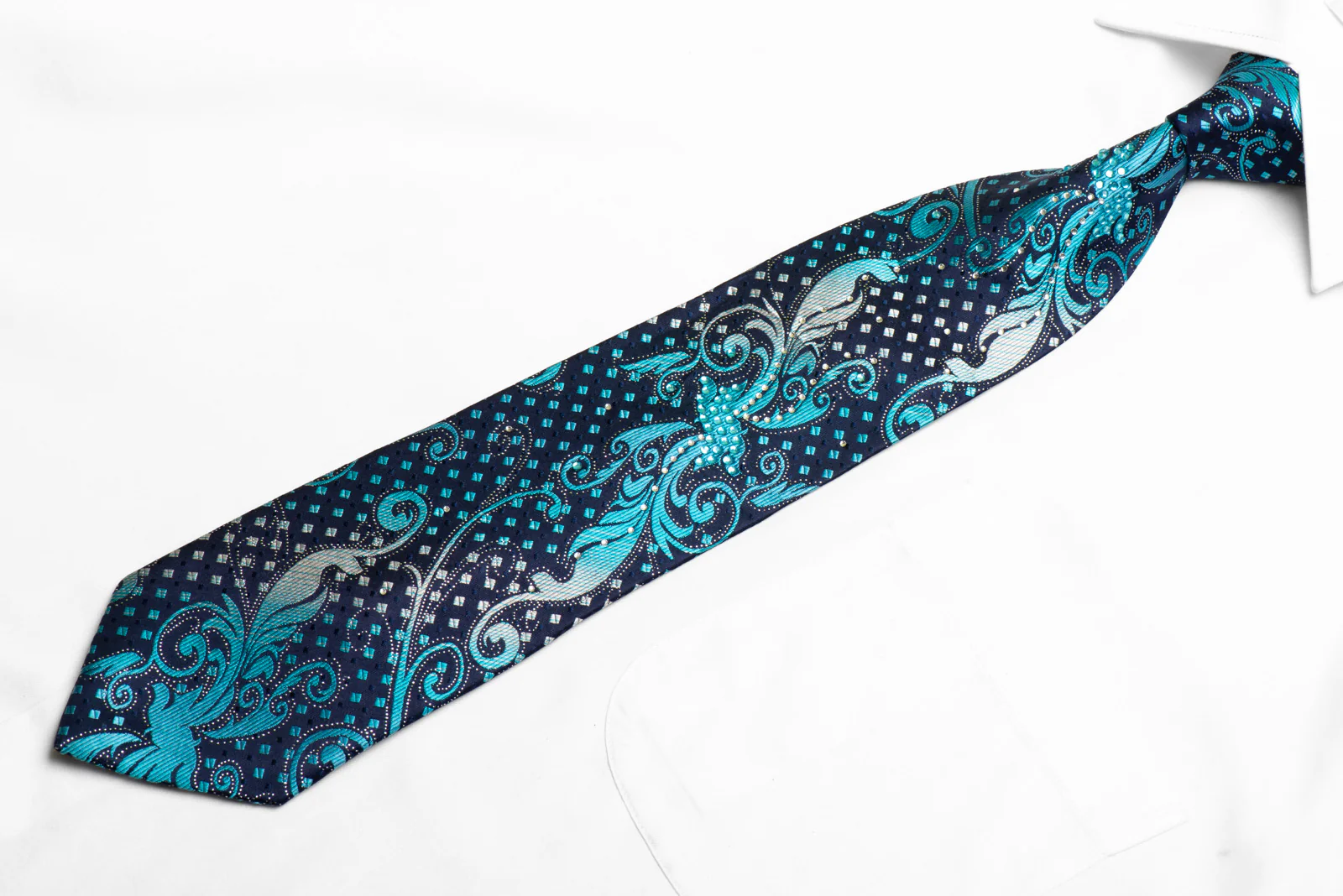 Rogers Dail Rhinestone Silk Necktie Blue Acanthus On Navy With Sparkles - Image 3