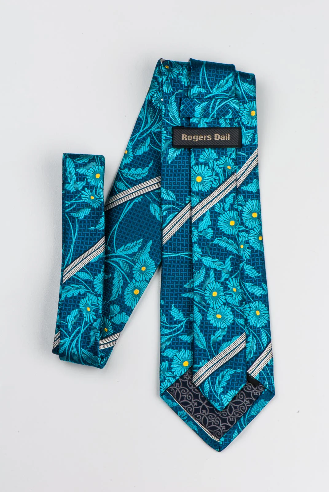 Rogers Dail Rhinestone Silk Necktie Blue Floral Design Silver Stripes 3 1/2 Inch - Image 4