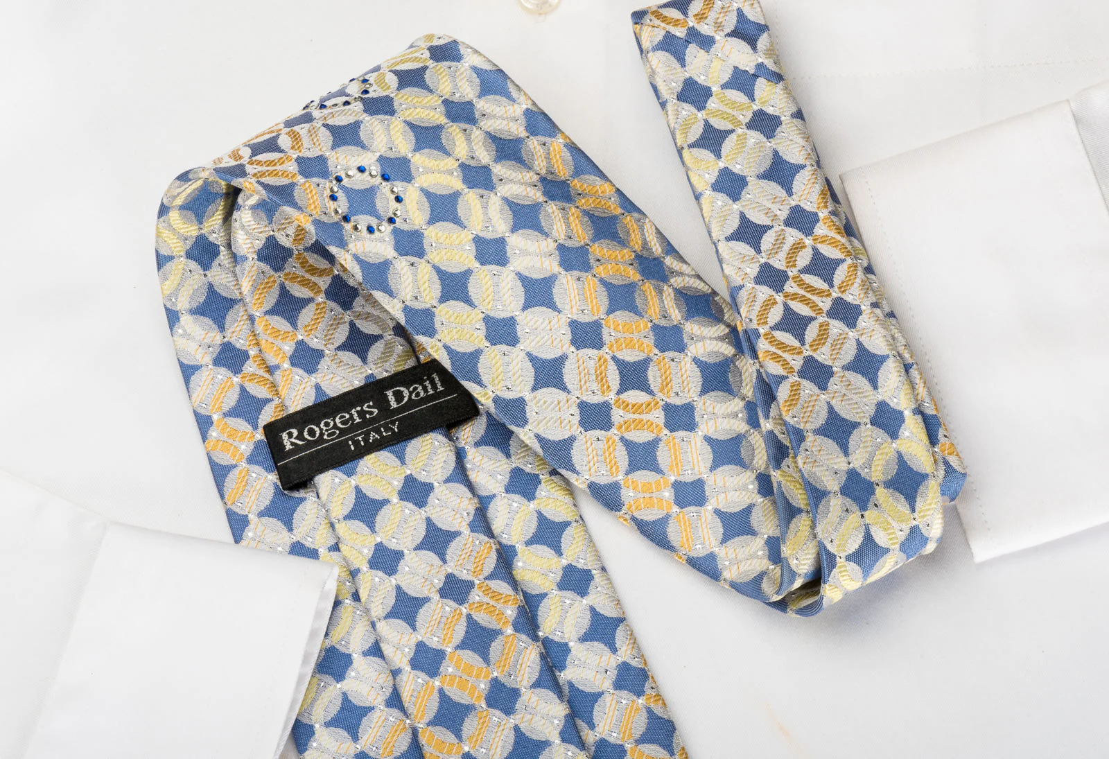 Rogers Dail Rhinestone Silk Necktie Geometric Dots On Blue With Silver Sparkles - Image 2