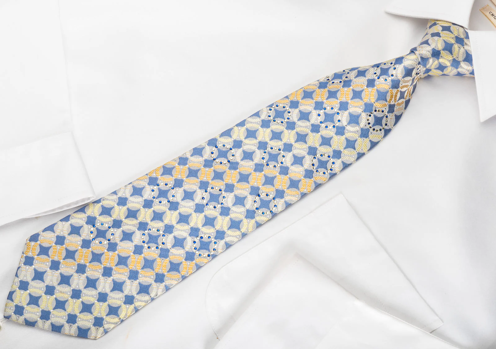 Rogers Dail Rhinestone Silk Necktie Geometric Dots On Blue With Silver Sparkles - Image 5