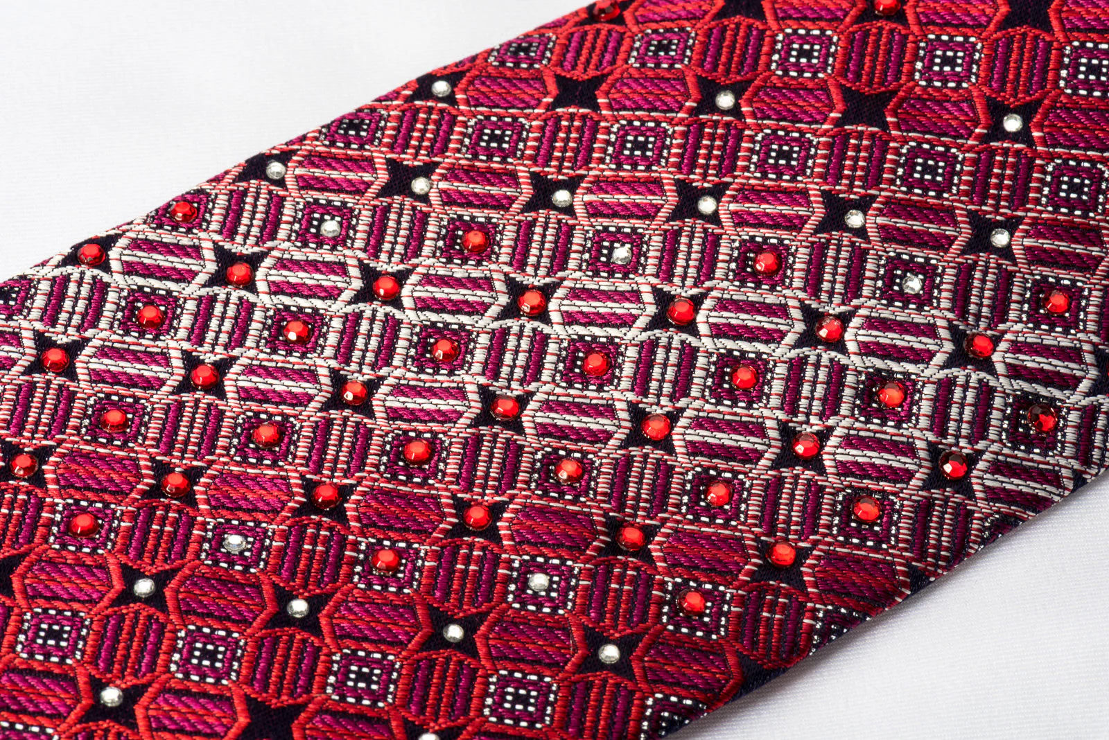 Rogers Dail Rhinestone Silk Necktie Geometric On Burgundy With Silver Sparkles - Image 2