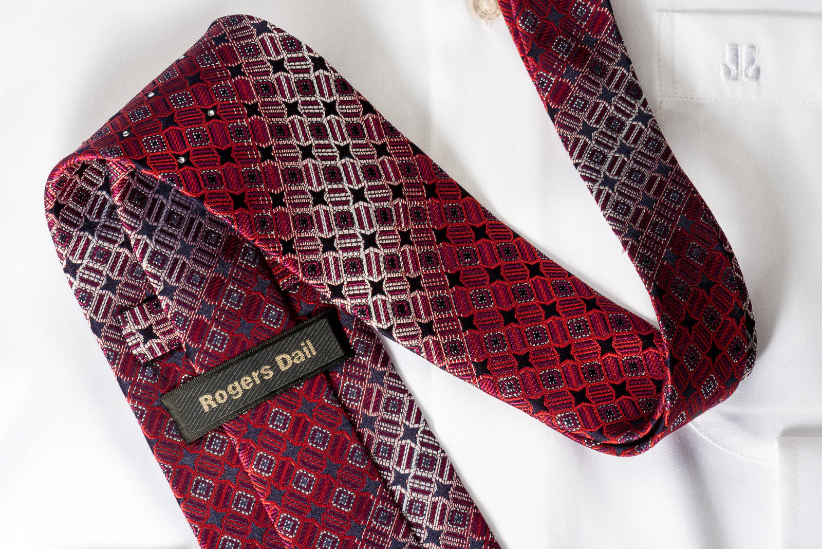 Rogers Dail Rhinestone Silk Necktie Geometric On Burgundy With Silver Sparkles - Image 4