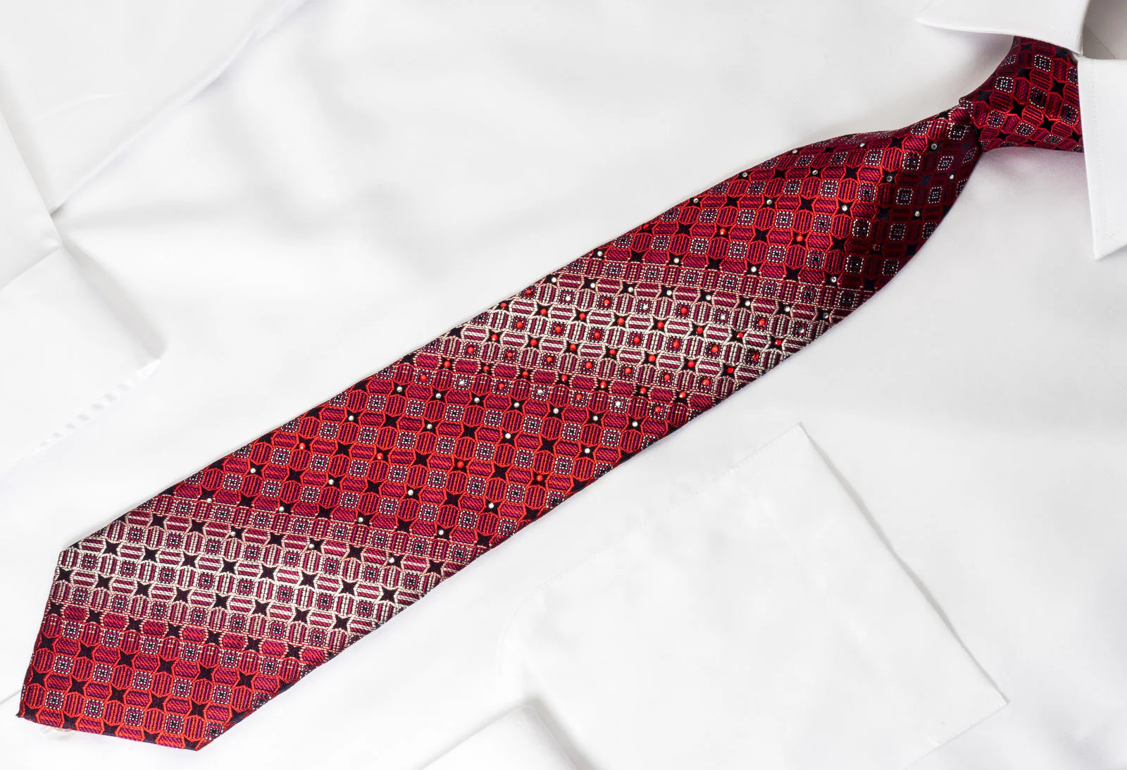 Rogers Dail Rhinestone Silk Necktie Geometric On Burgundy With Silver Sparkles - Image 5