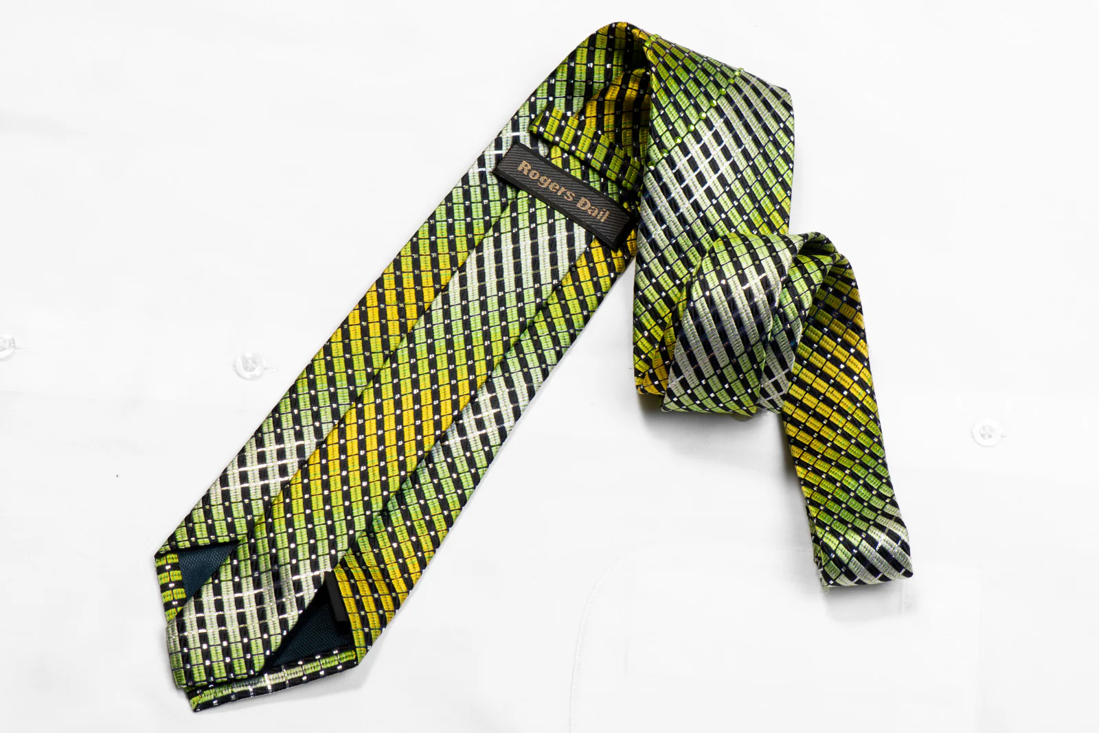 Rogers Dail Rhinestone Silk Necktie Green Striped On Black With Sparkles - Image 4