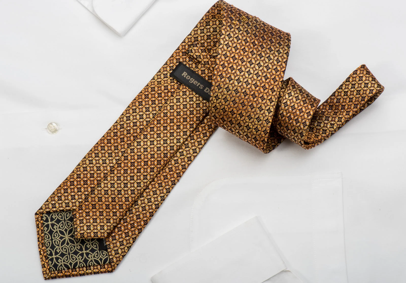 Rogers Dail Rhinestone Silk Necktie Orange Circles On Brown With Silver Sparkles - Image 4