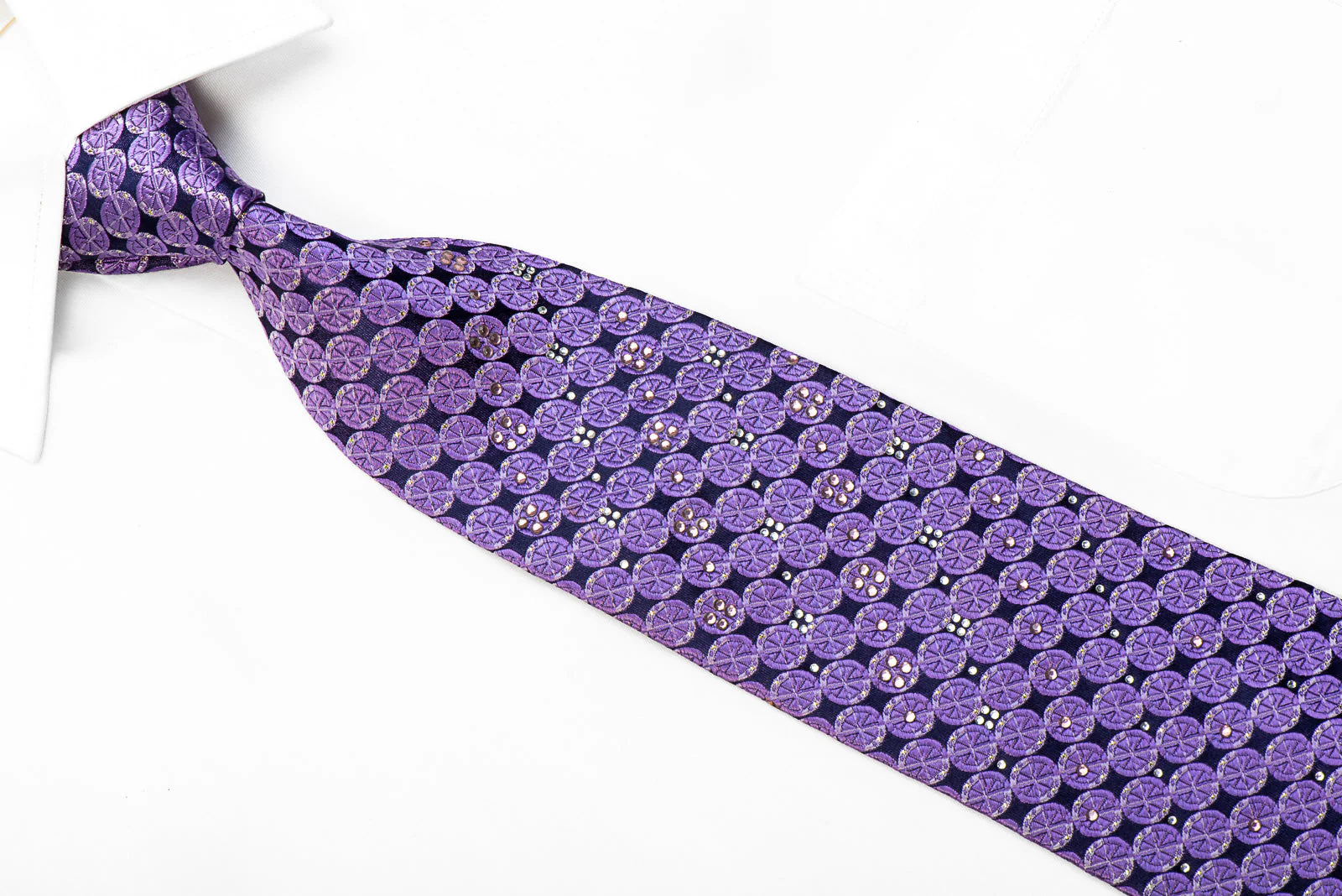 Rogers Dail Rhinestone Silk Necktie Purple Geometric Circles On Navy With Sparkles - Image 4