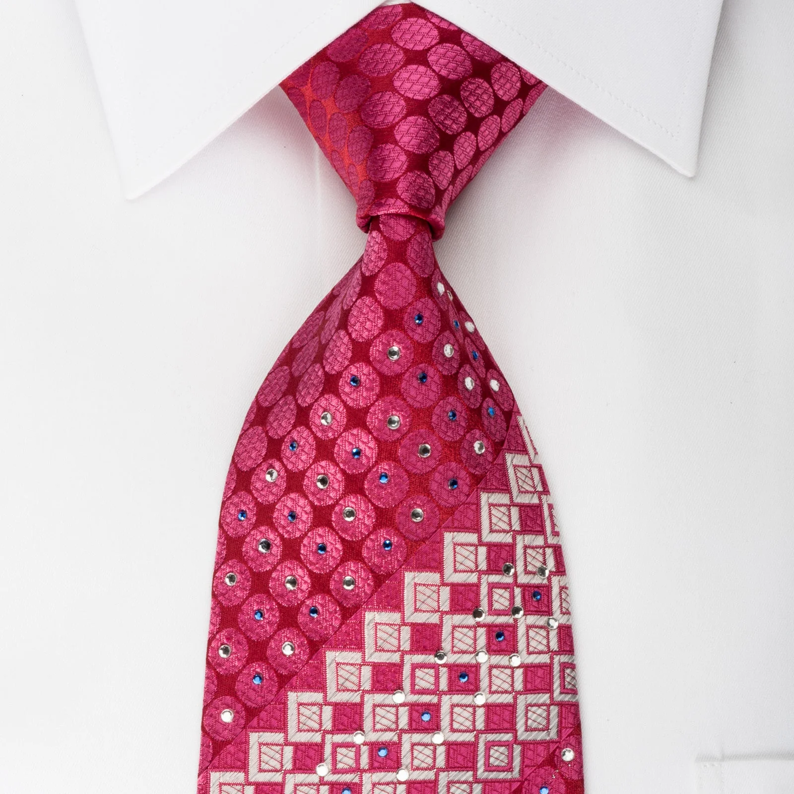 Rogers Dail Rhinestone Silk Necktie Silver Checkered & Dots On Red With Sparkles