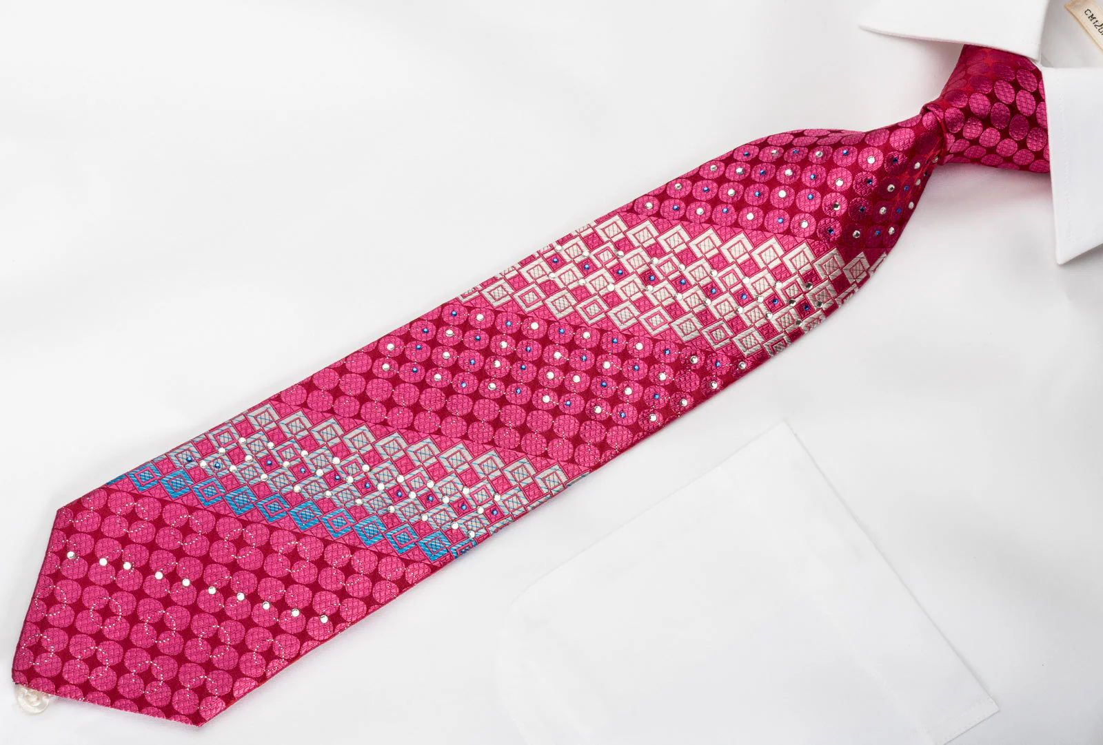 Rogers Dail Rhinestone Silk Necktie Silver Checkered & Dots On Red With Sparkles - Image 2