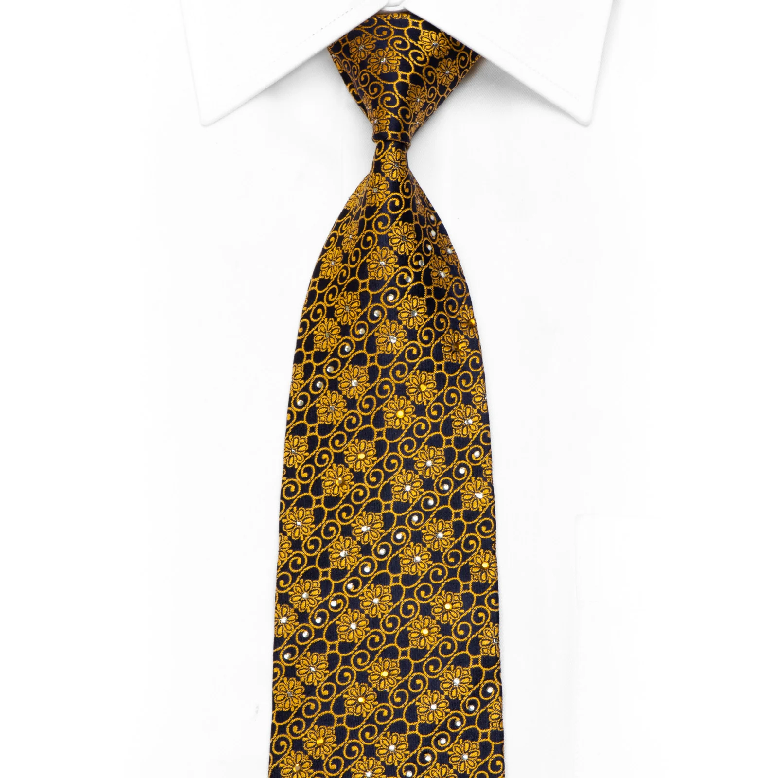 Rogers Dail Rhinestone Silk Tie Gold Floral Scrolls On Navy With Silver Sparkles