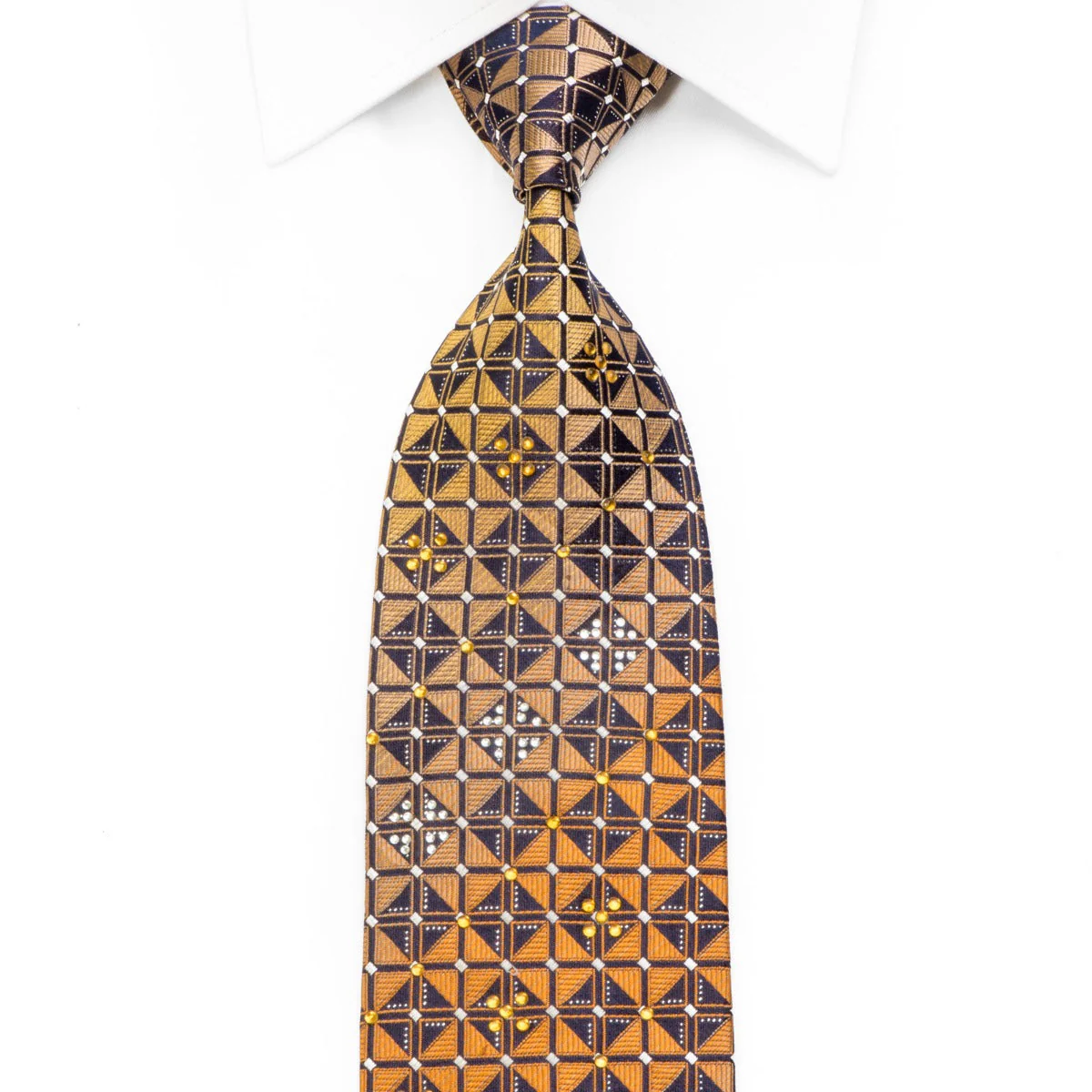 Rogers Dail Rhinestone Silk Tie Orange Gold Geometric On Navy With Sparkles