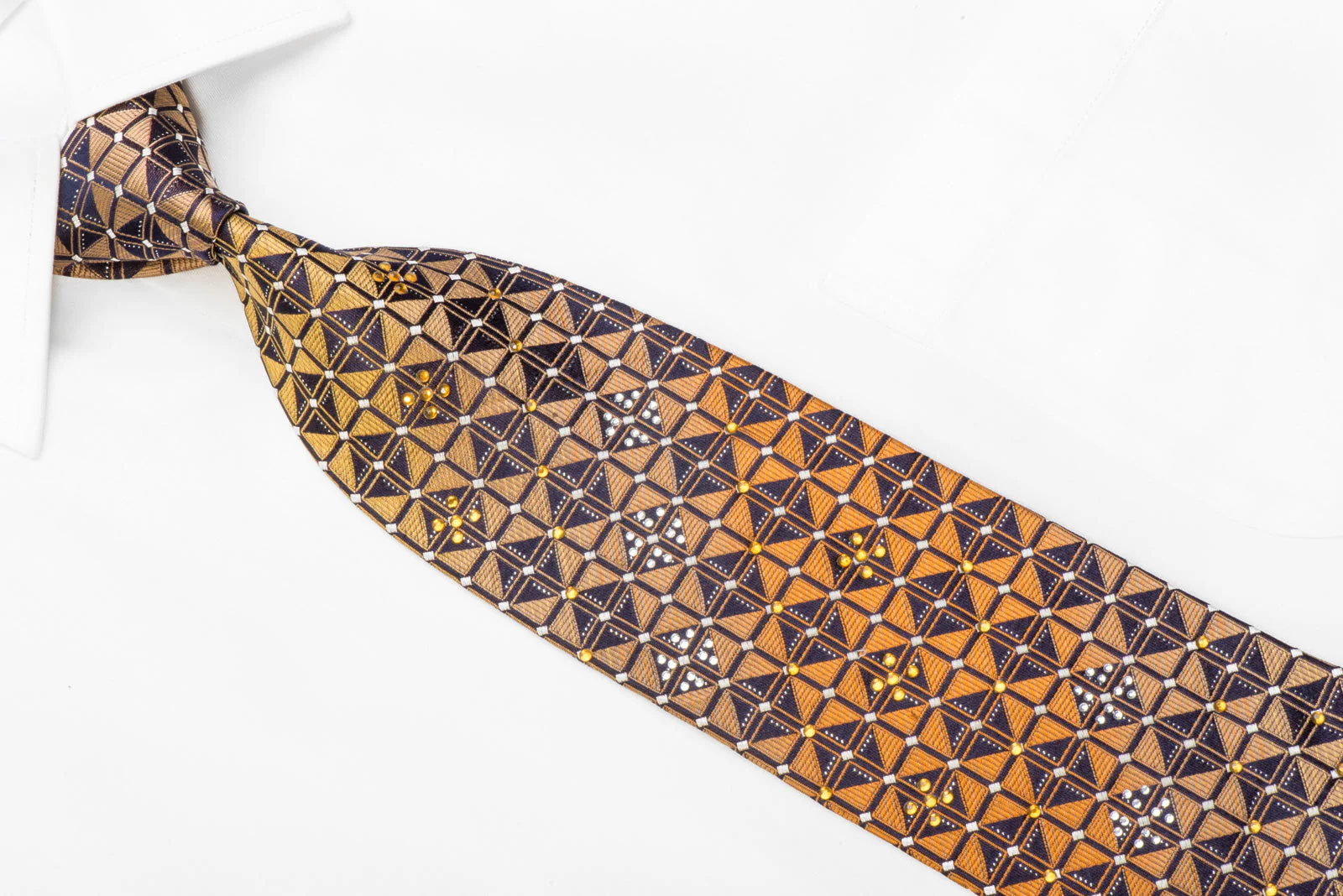 Rogers Dail Rhinestone Silk Tie Orange Gold Geometric On Navy With Sparkles - Image 2