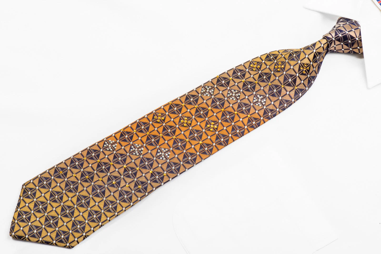 Rogers Dail Rhinestone Silk Tie Orange Gold Geometric On Navy With Sparkles - Image 3