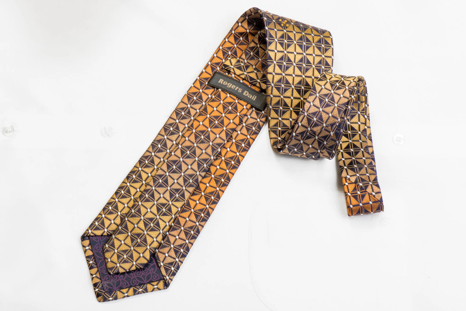 Rogers Dail Rhinestone Silk Tie Orange Gold Geometric On Navy With Sparkles - Image 4