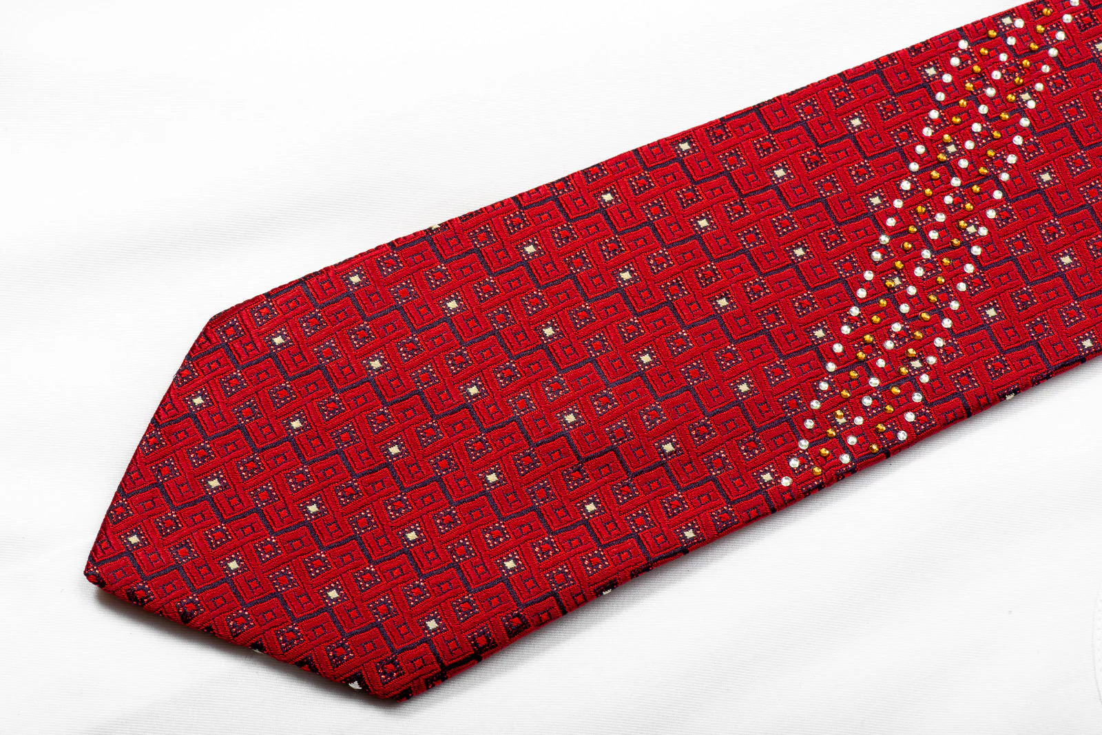 Rogers Dail Rhinestone Tie Burgundy Geometric On Navy With Red Sparkles - Image 3