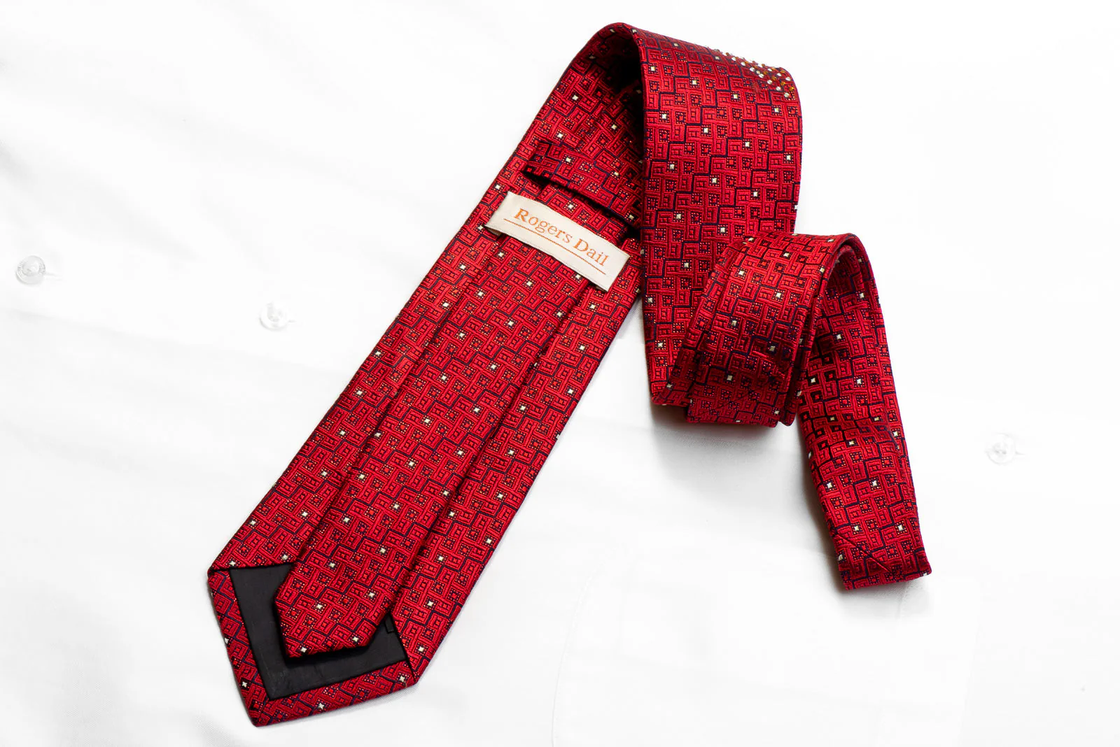 Rogers Dail Rhinestone Tie Burgundy Geometric On Navy With Red Sparkles - Image 5