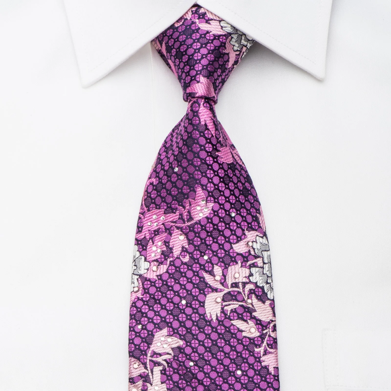 Rogers Dail Mens Rhinestone Tie Floral On Purple Silk