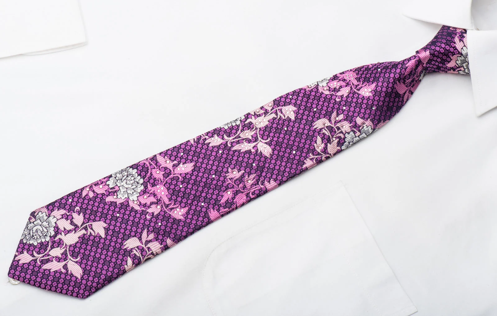 Rogers Dail Mens Rhinestone Tie Floral On Purple Silk - Image 2
