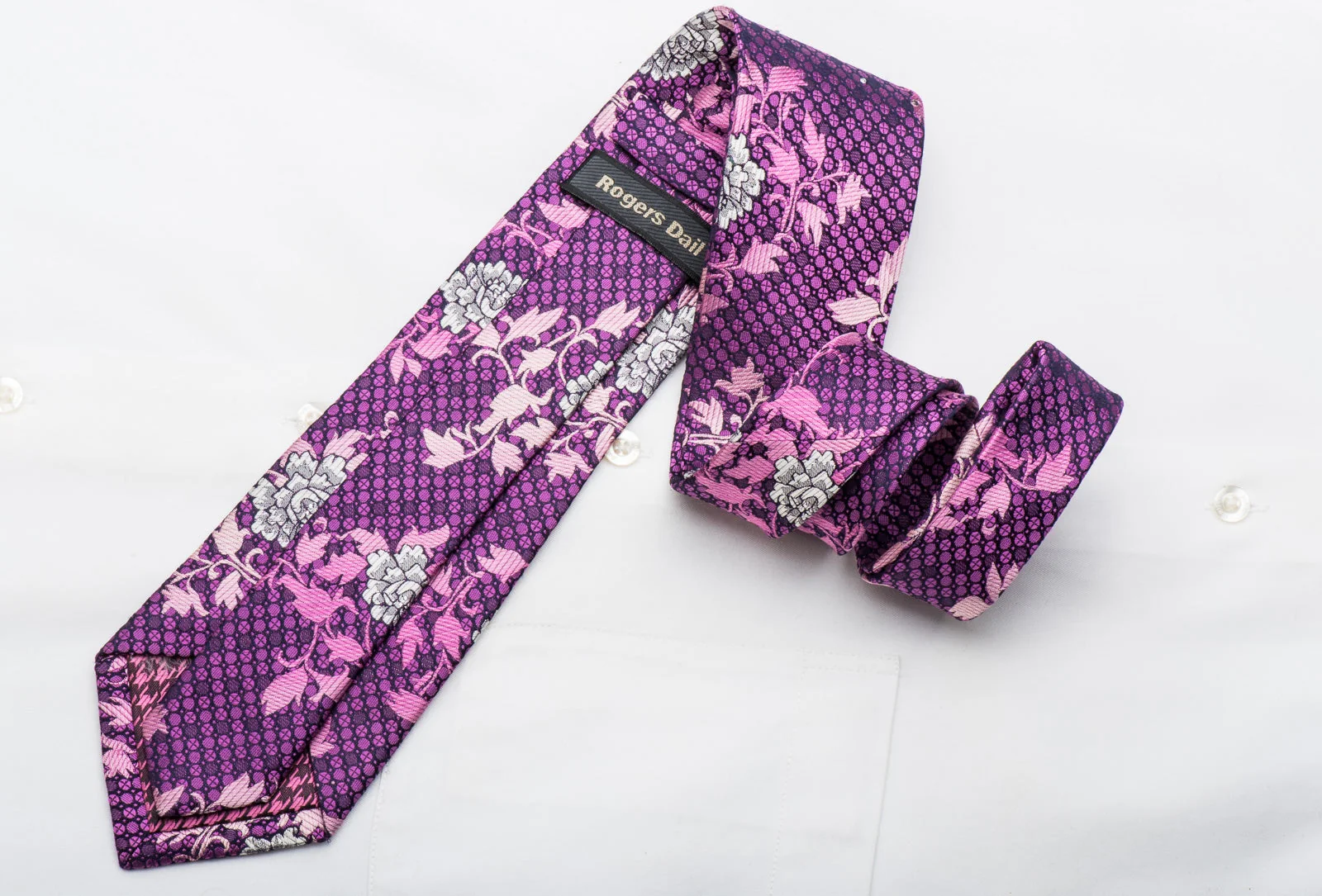 Rogers Dail Mens Rhinestone Tie Floral On Purple Silk - Image 4