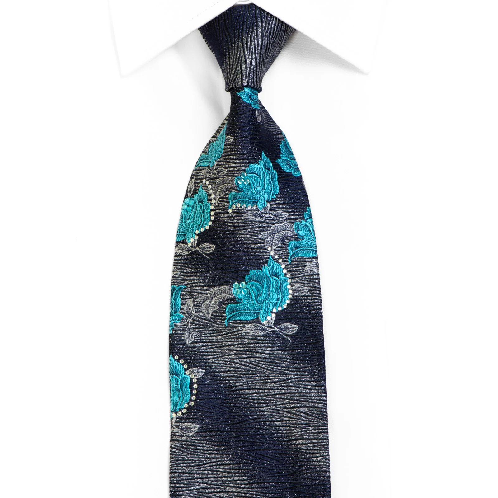 Rogers Dail Silk Necktie Blue Silver Floral On Navy Black With Rhinestones