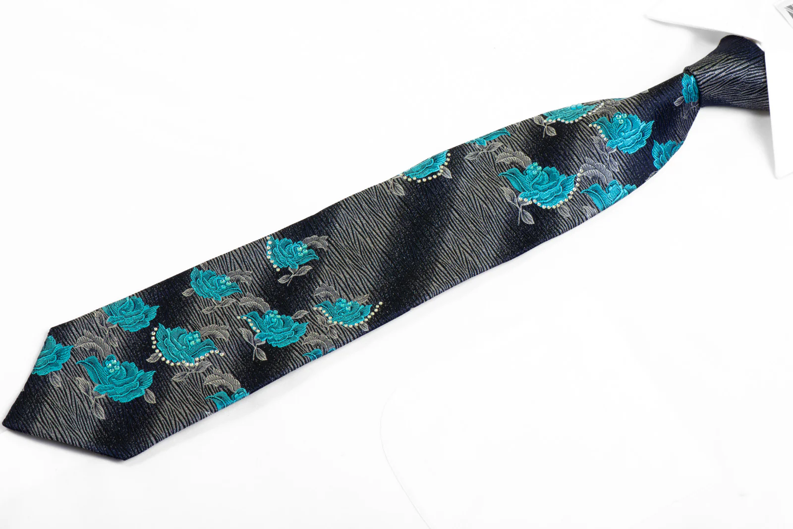 Rogers Dail Silk Necktie Blue Silver Floral On Navy Black With Rhinestones - Image 3