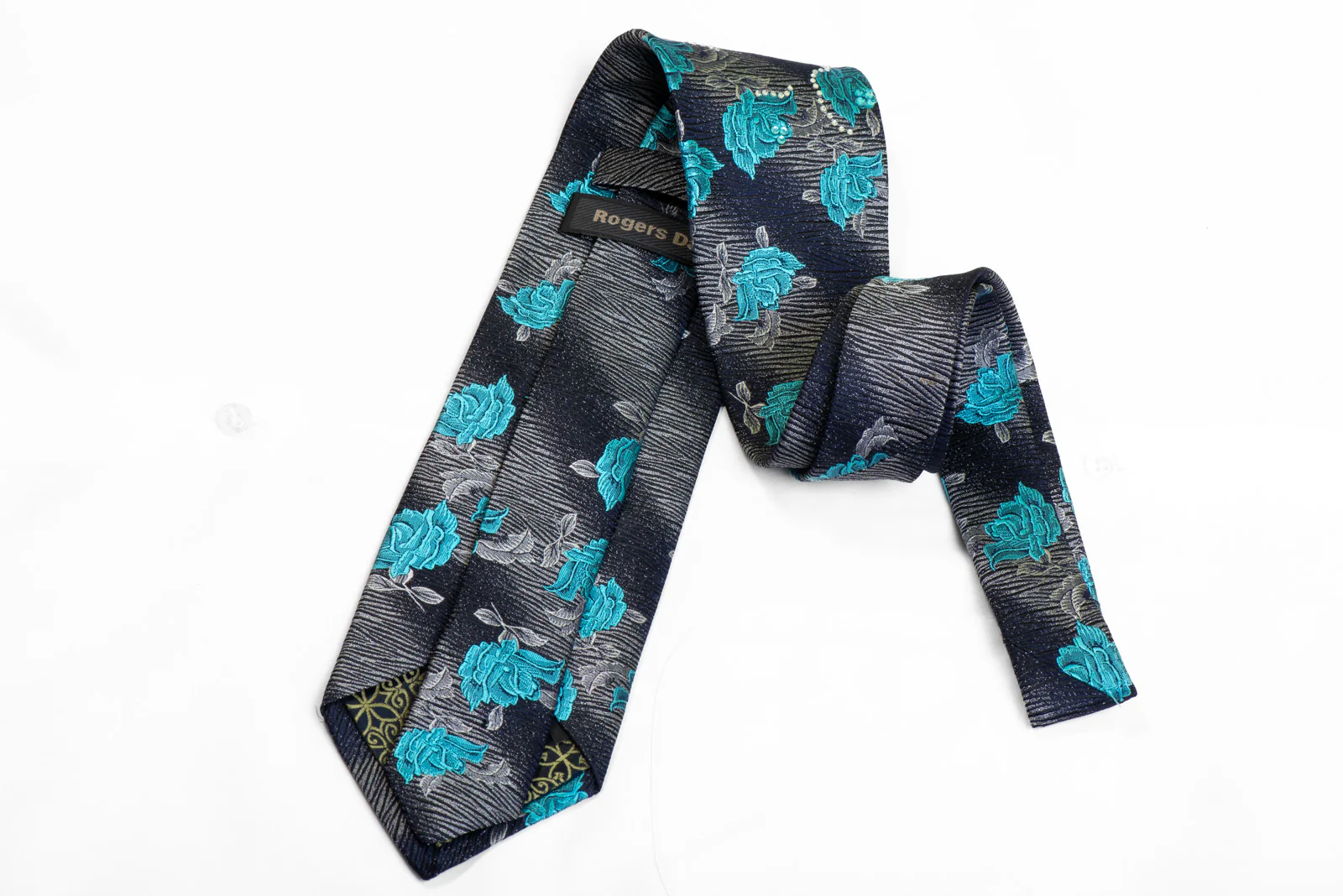 Rogers Dail Silk Necktie Blue Silver Floral On Navy Black With Rhinestones - Image 4