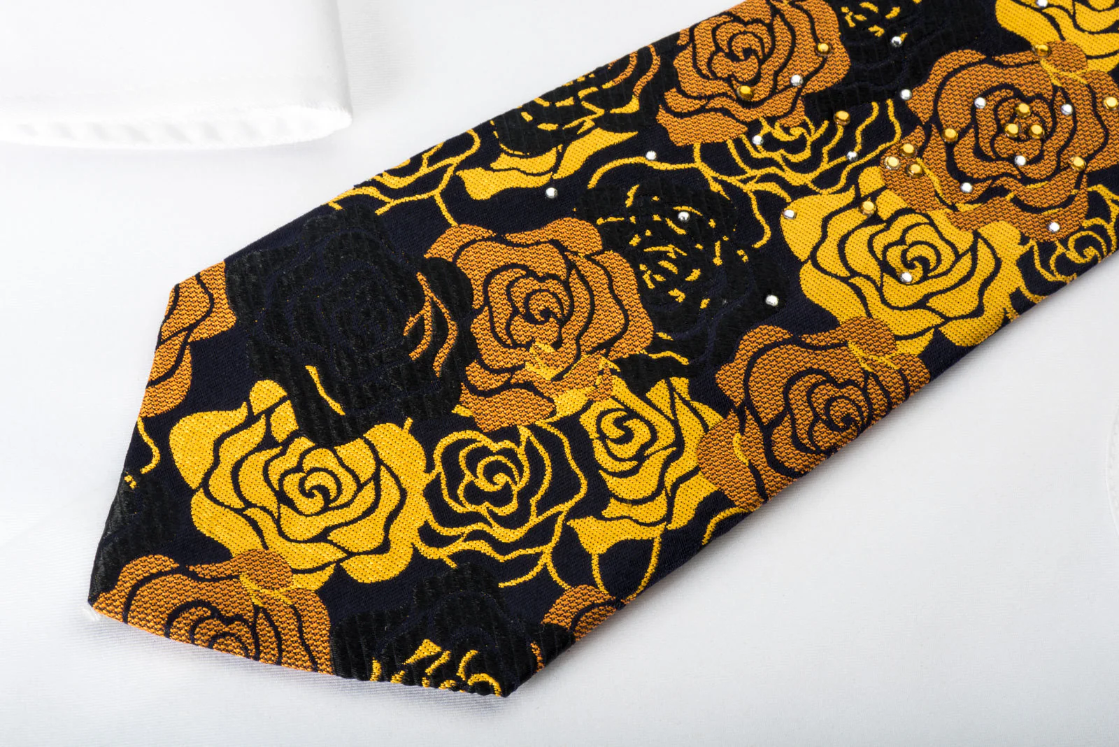 Rogers Dail Silk Necktie Golden Floral Roses On Black With Sparkling Rhinestones - Image 8