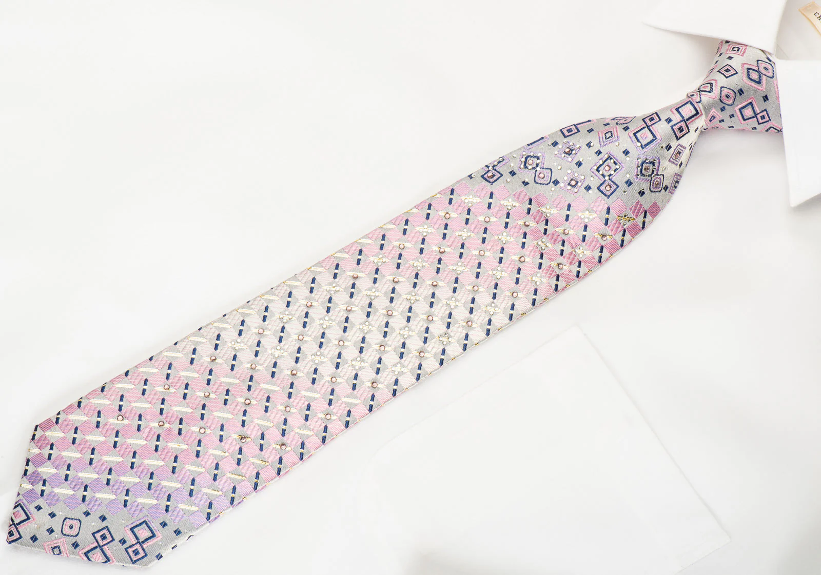 Rogers Dail Silk Necktie Pink Silver Geometric Checker With Rhinestones & Silver Sparkles - Image 4