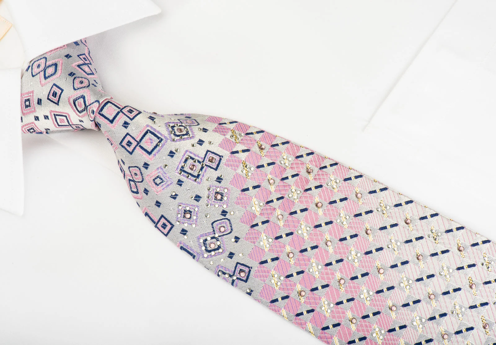 Rogers Dail Silk Necktie Pink Silver Geometric Checker With Rhinestones & Silver Sparkles - Image 5