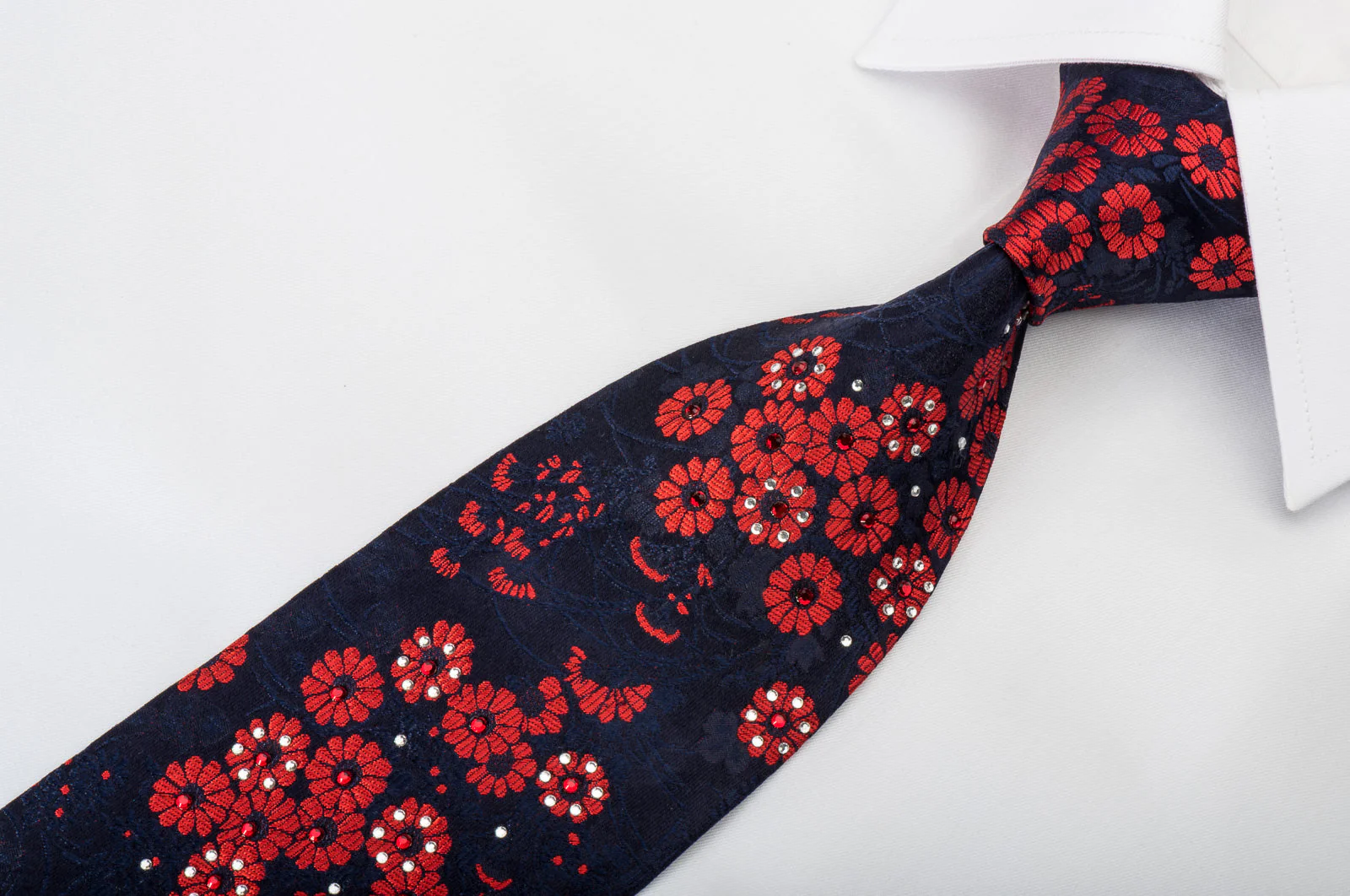 Rogers Dail Silk Necktie Red Floral On Blue Sparkling With Rhinestones - Image 2