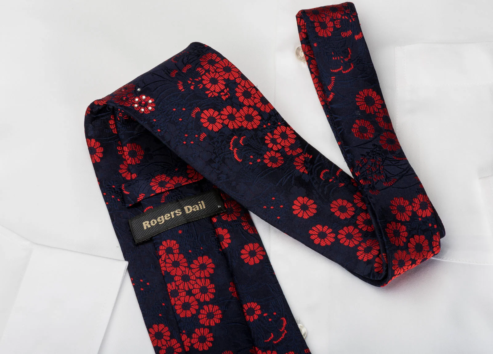 Rogers Dail Silk Necktie Red Floral On Blue Sparkling With Rhinestones - Image 3