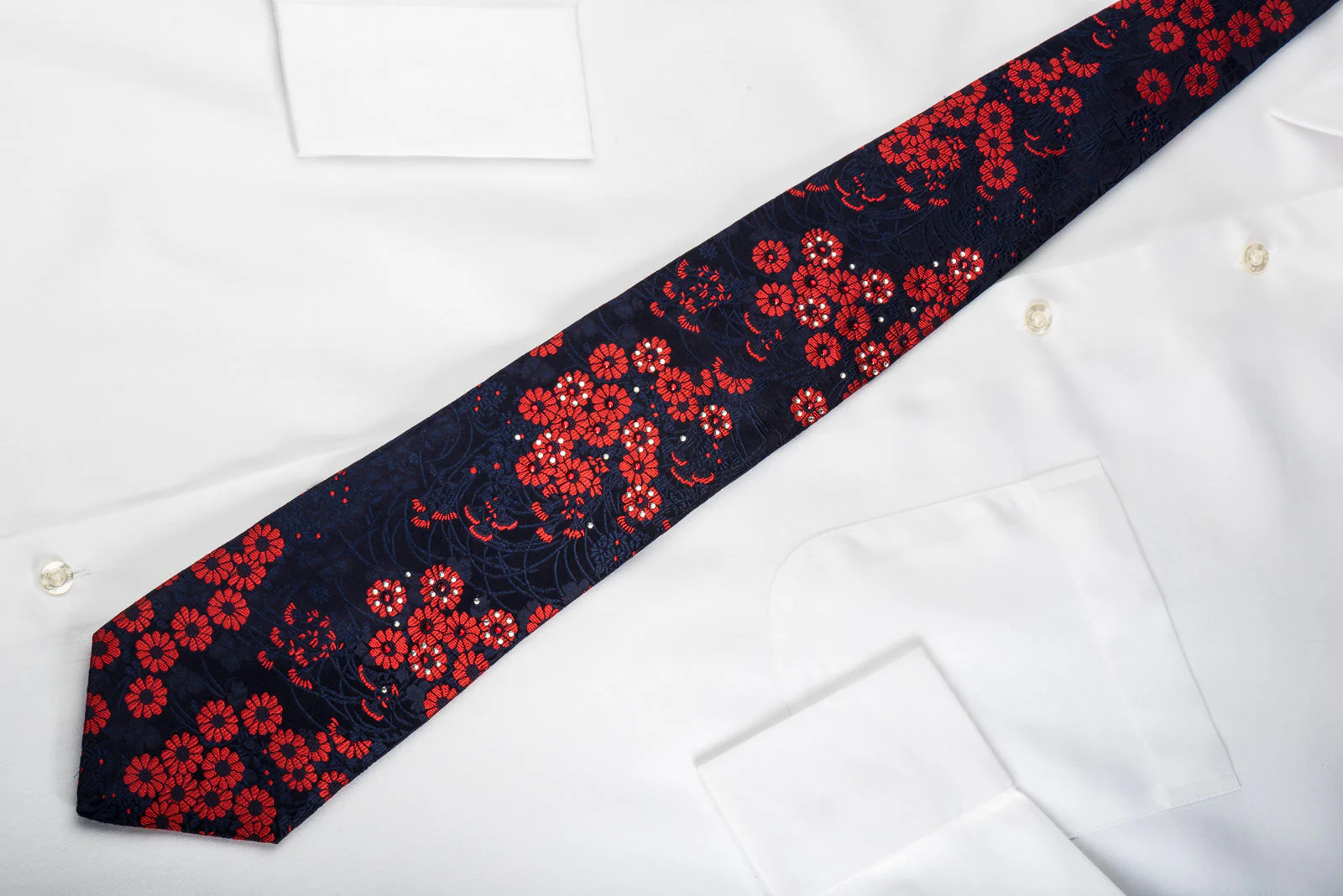 Rogers Dail Silk Necktie Red Floral On Blue Sparkling With Rhinestones - Image 4