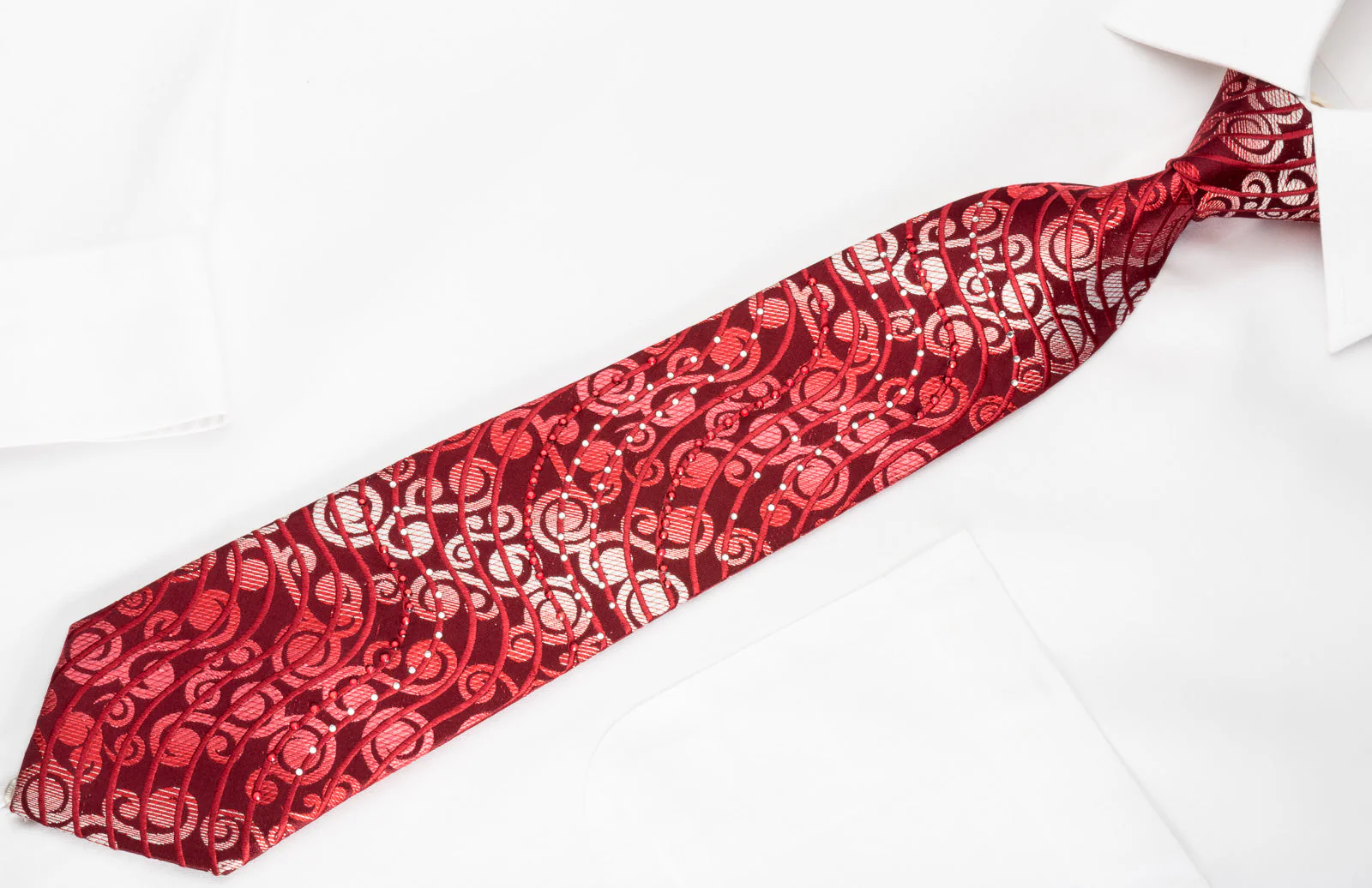 Rogers Dail Silk Necktie Scrolls On Red With Red White Rhinestones - Image 3