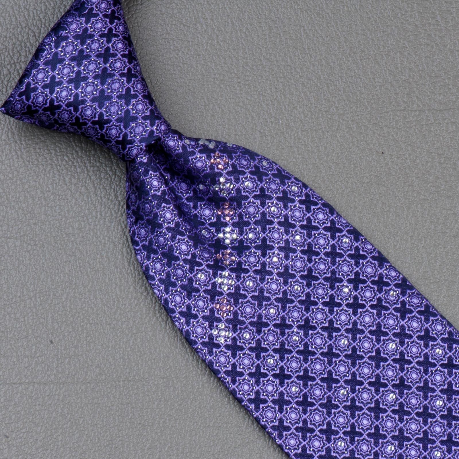Rogers Dail Silk Tie Purple Geometric Design With Silver Sparkles & Rhinestones - Image 5