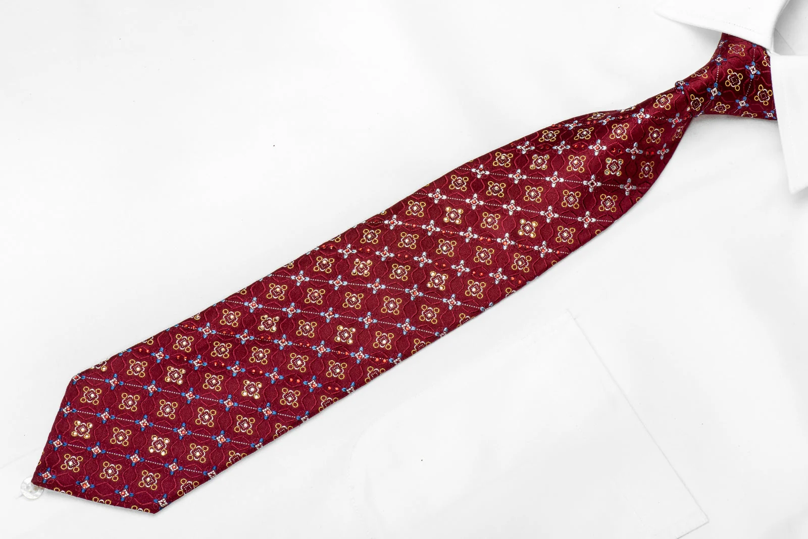 Roygen Men's Crystal Silk Necktie Geometric On Burgundy With Silver Sparkles - Image 3