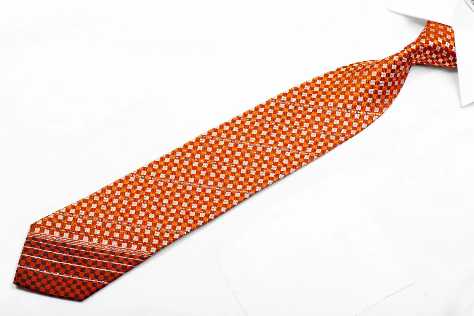 Roygen Rhinestone Necktie Orange Silver Checkered With Silver Sparkles - Image 3