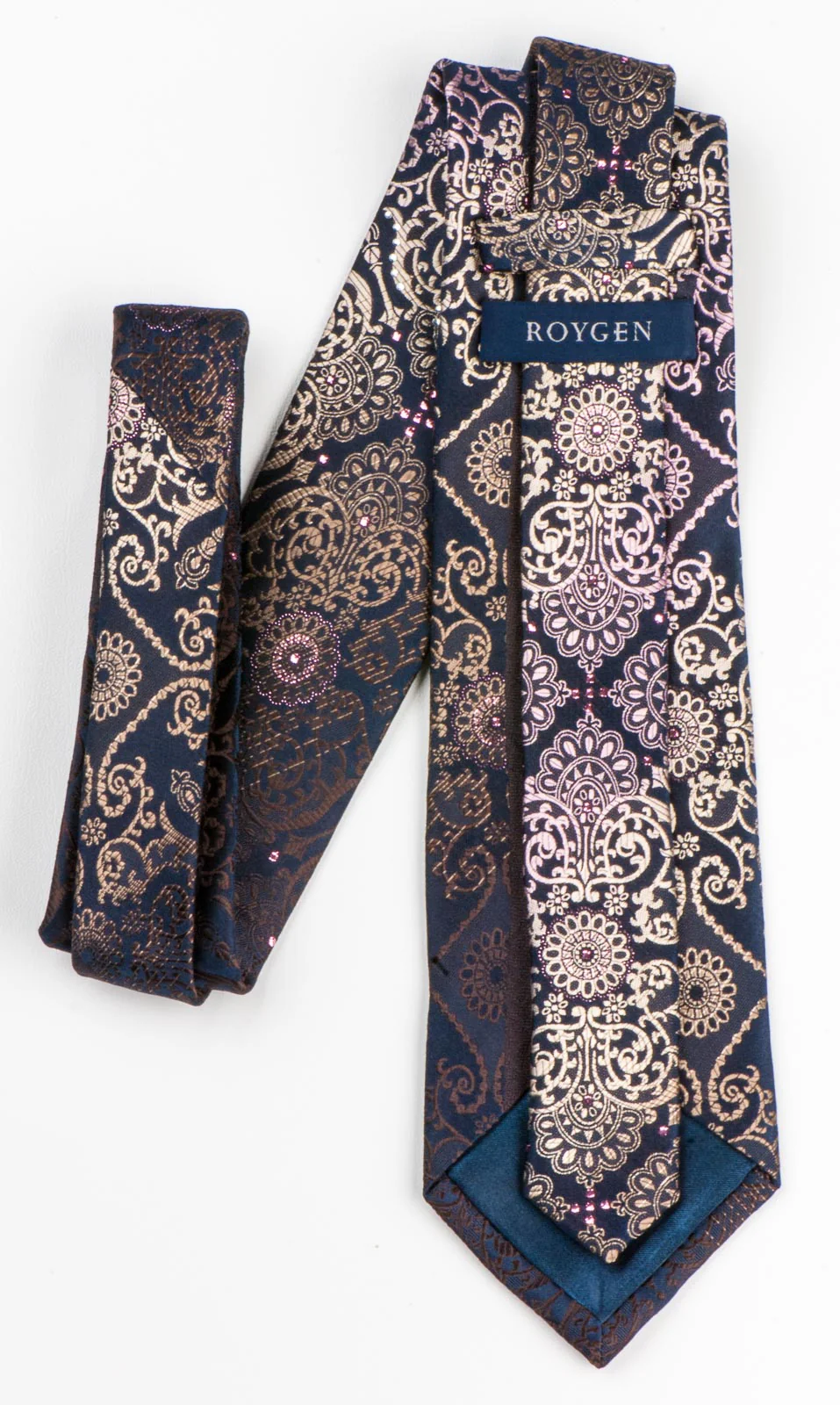 Roygen Rhinestone Silk Neck Tie Beige Damask Design On Black 3 1/4 Inch - Image 5