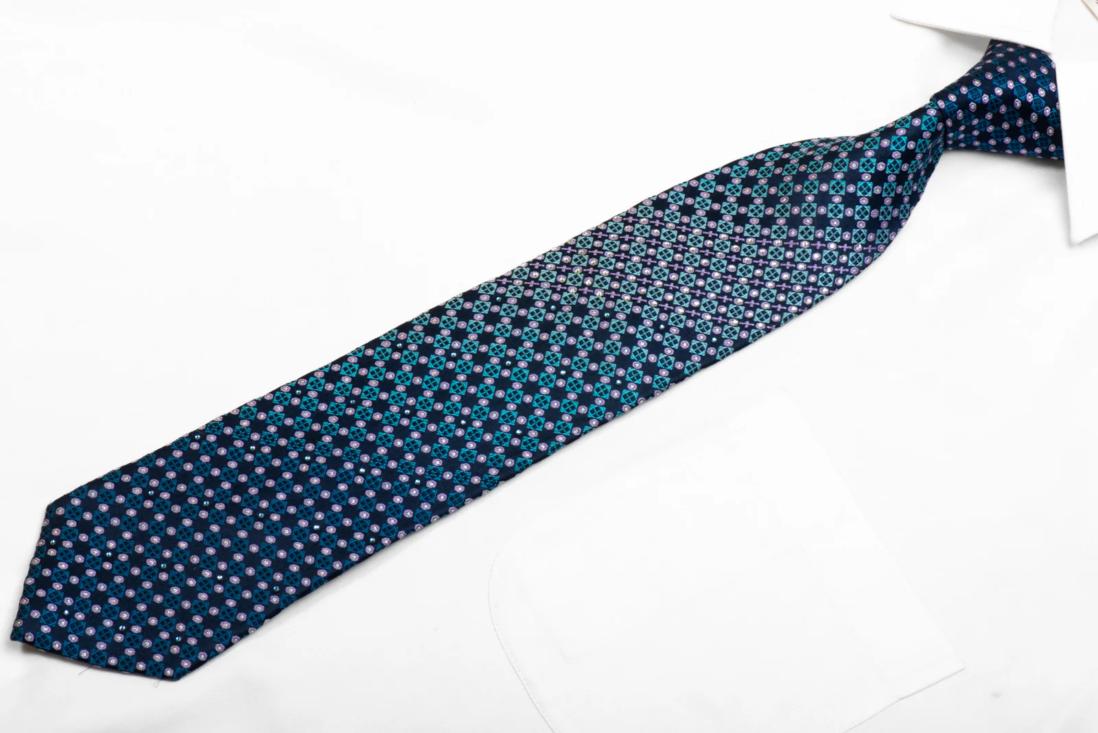 Roygen Rhinestone Silk Necktie Blue Pink Geometric On Navy With Sparkles - Image 3