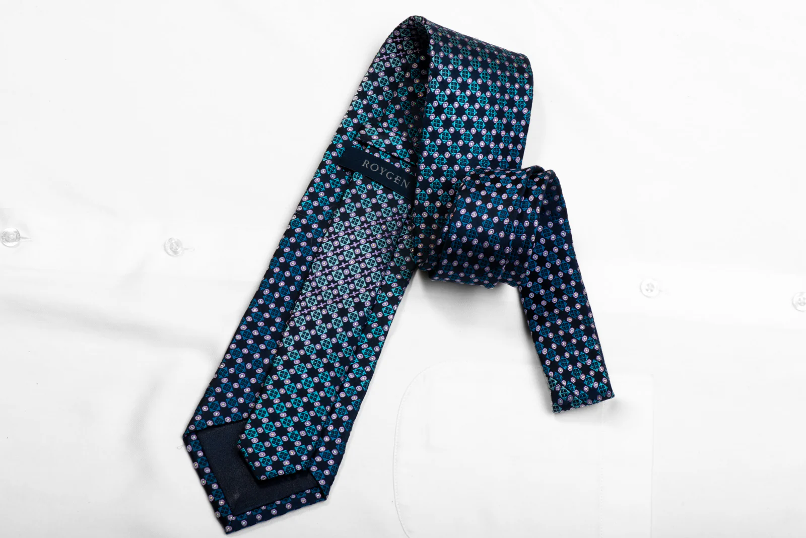 Roygen Rhinestone Silk Necktie Blue Pink Geometric On Navy With Sparkles - Image 4