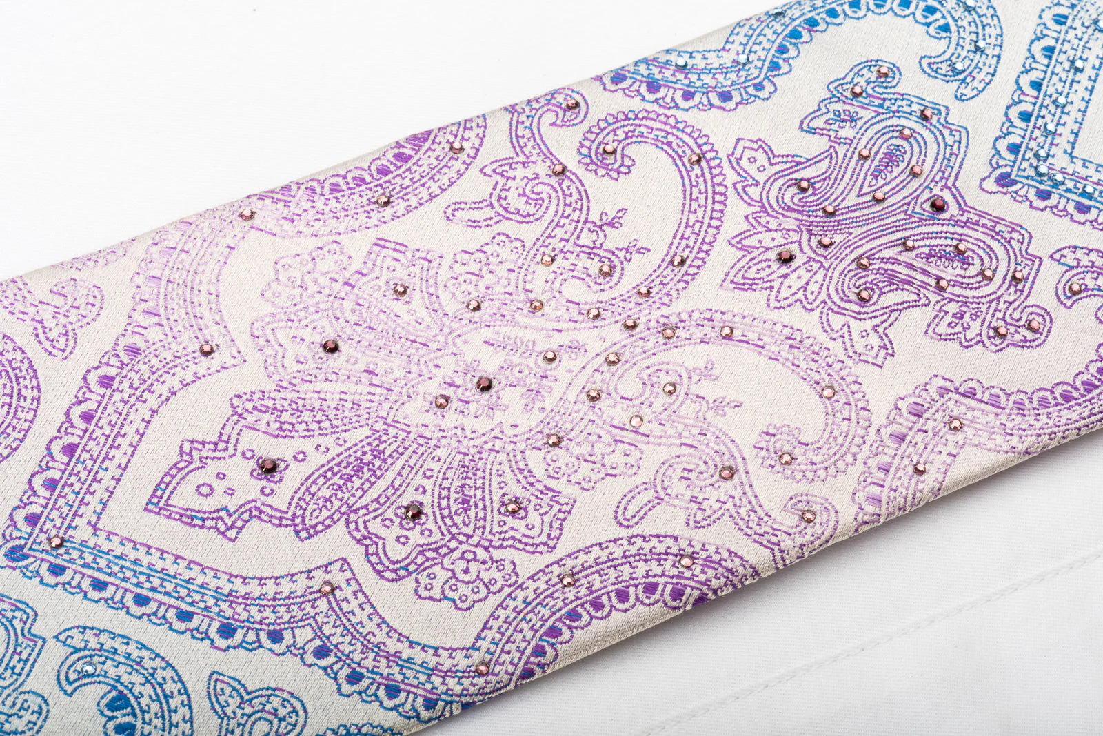 Roygen Rhinestone Tie Blue Purple Damask On White Silk - Image 3