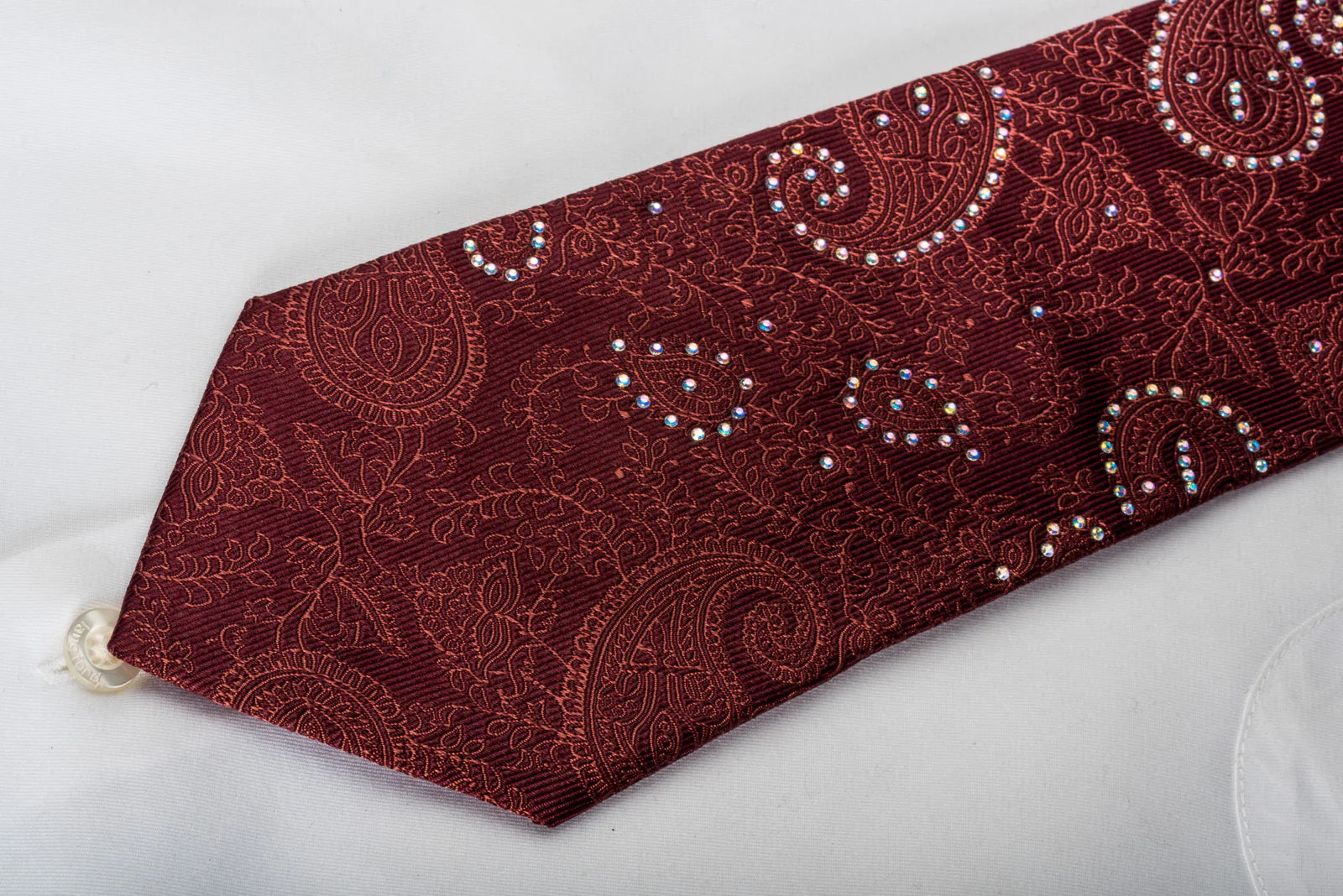 Roygen Woven Silk Necktie Boteh Paisley On Burgundy Sparkling With Rhinestones - Image 3