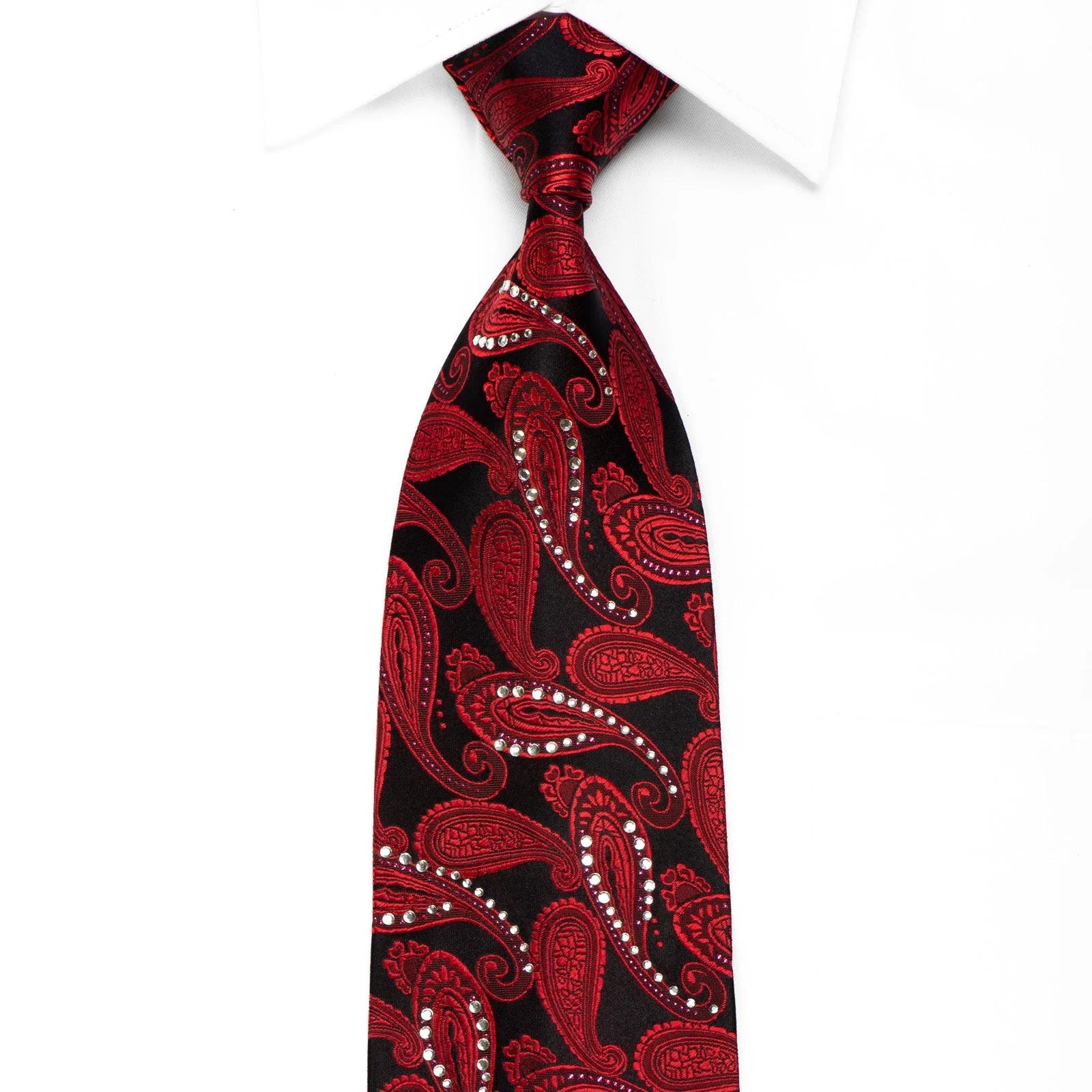 Rubinstein Mens Crystal Silk Tie Red Paisley On Black With Purple Sparkles