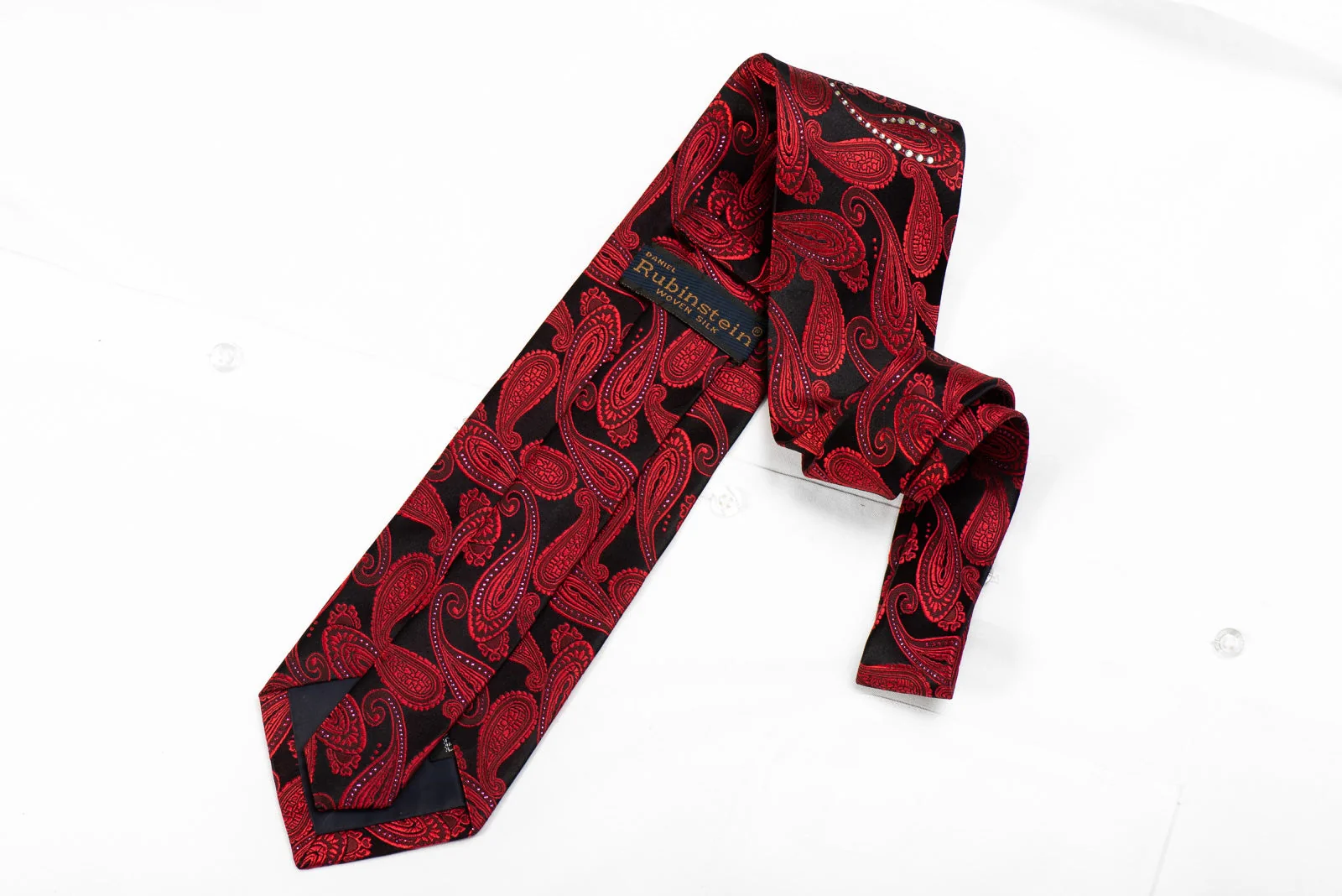 Rubinstein Mens Crystal Silk Tie Red Paisley On Black With Purple Sparkles - Image 4
