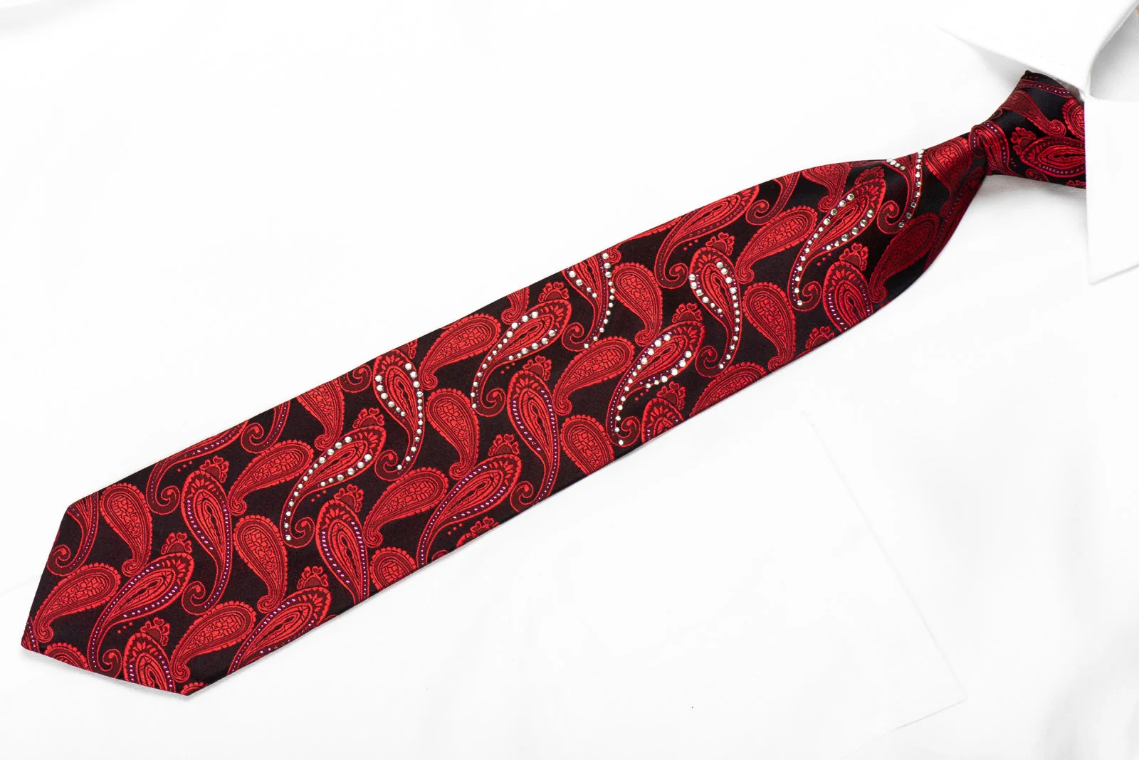 Rubinstein Mens Crystal Silk Tie Red Paisley On Black With Purple Sparkles - Image 5