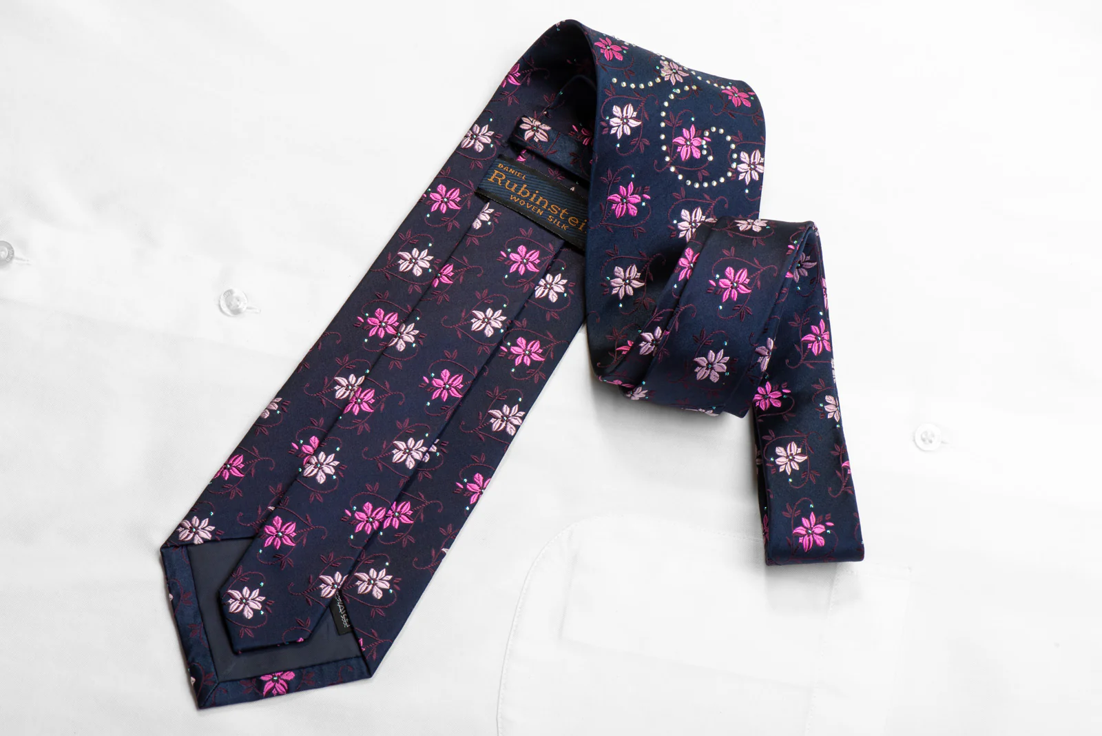 Rubinstein Rhinestone Silk Necktie Floral On Blue With Sparkles - Image 4