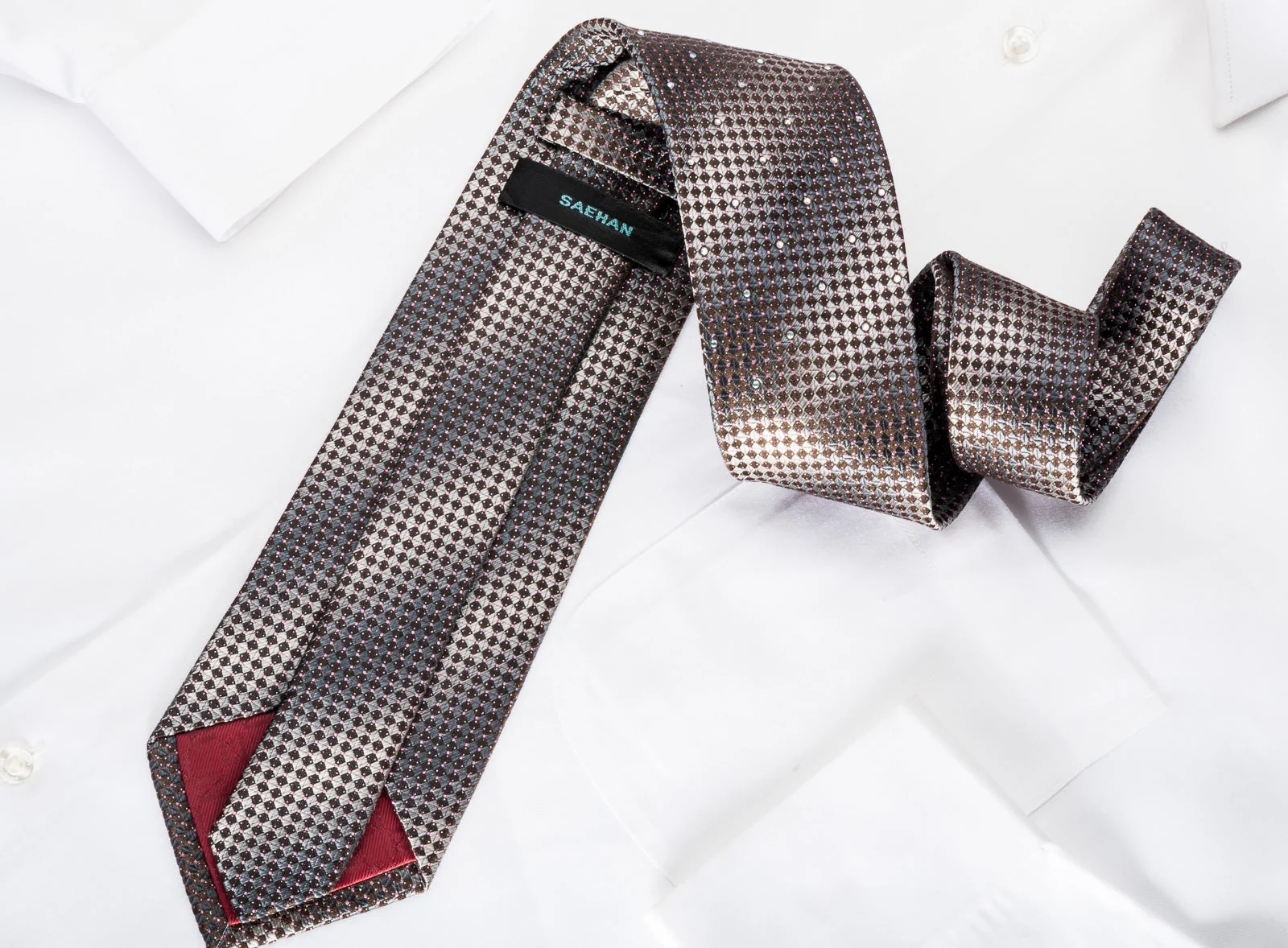Saehan Rhinestone Silk Necktie Silver Brown Checkered With Silver Sparkles - Image 4