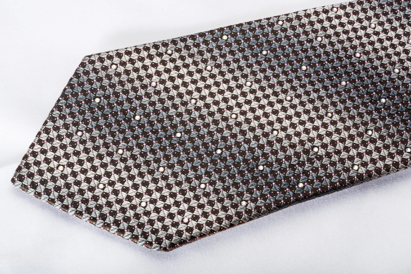 Saehan Rhinestone Silk Necktie Silver Brown Checkered With Silver Sparkles - Image 5